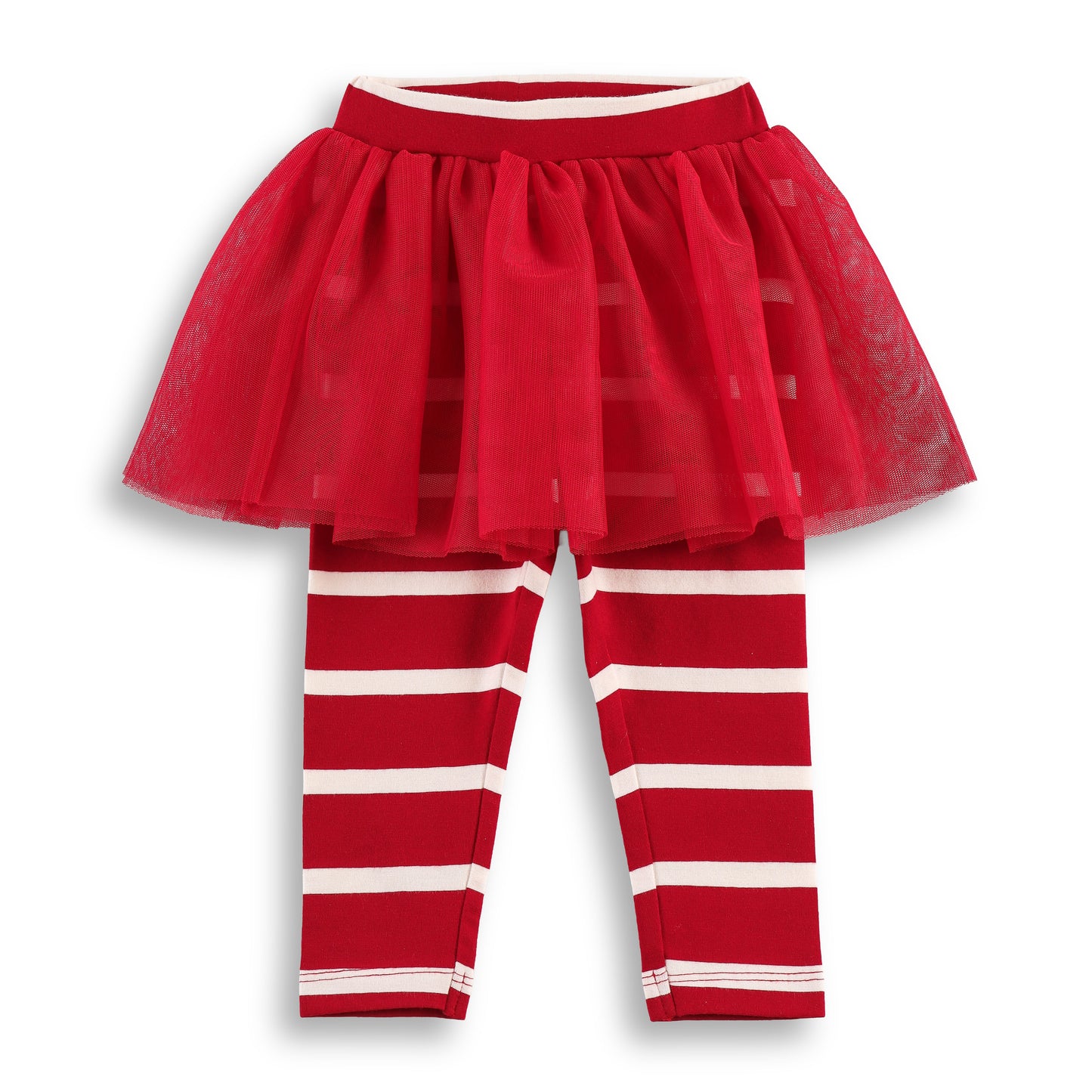 "Baby Girls' Red Striped Leggings with Tulle Skirt Overlay"