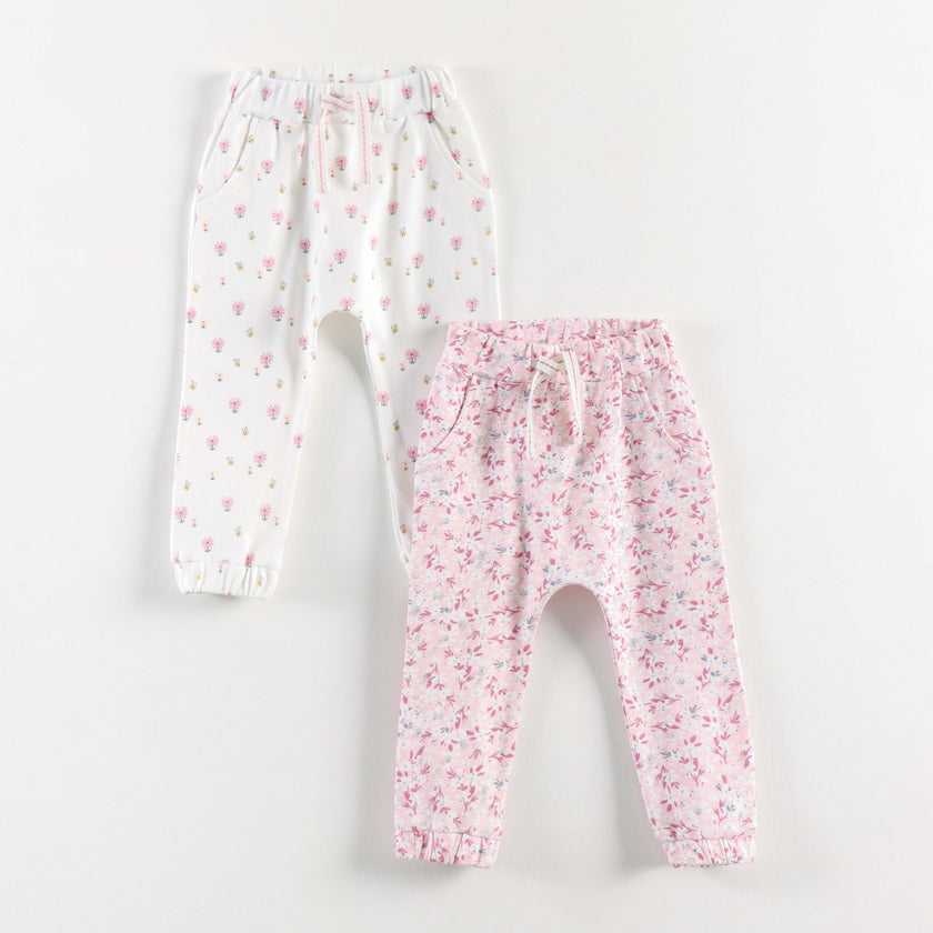 "Baby Girls Soft Cotton Track Pants – 2-Pack | All-Over Floral Prints"
