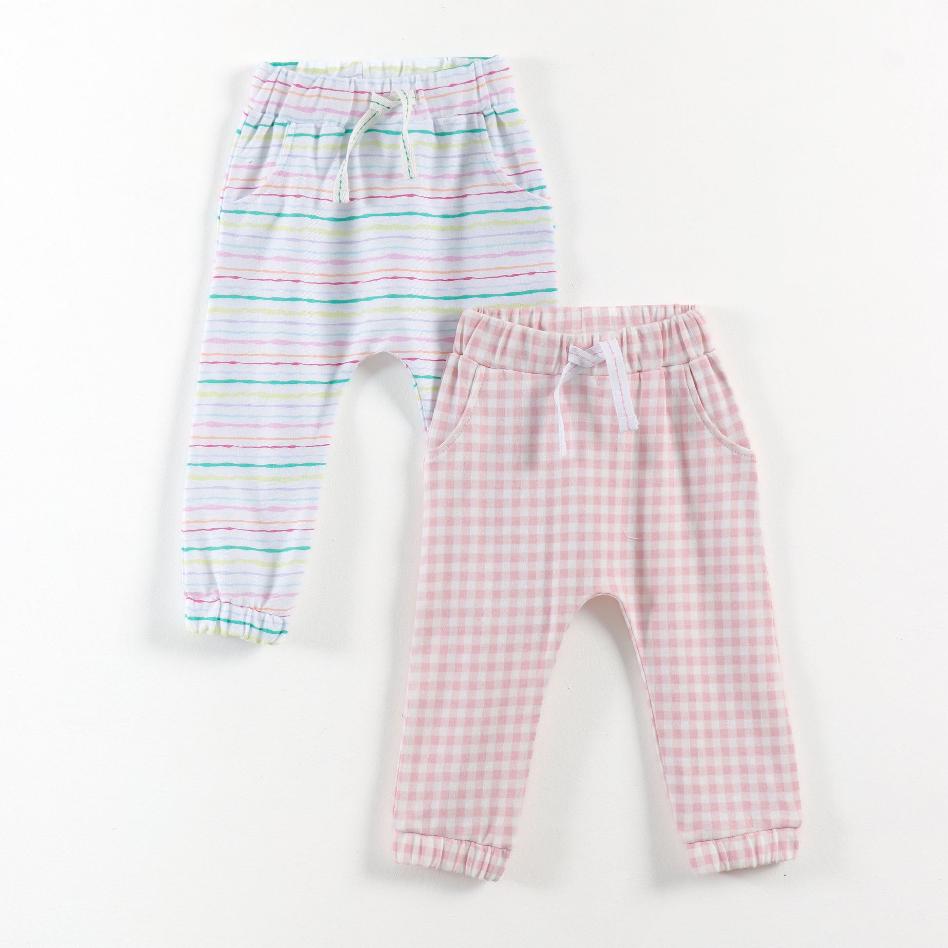 "Baby Girls Soft Cotton Joggers – 2-Pack | Checked & Multicolor Stripe Prints"