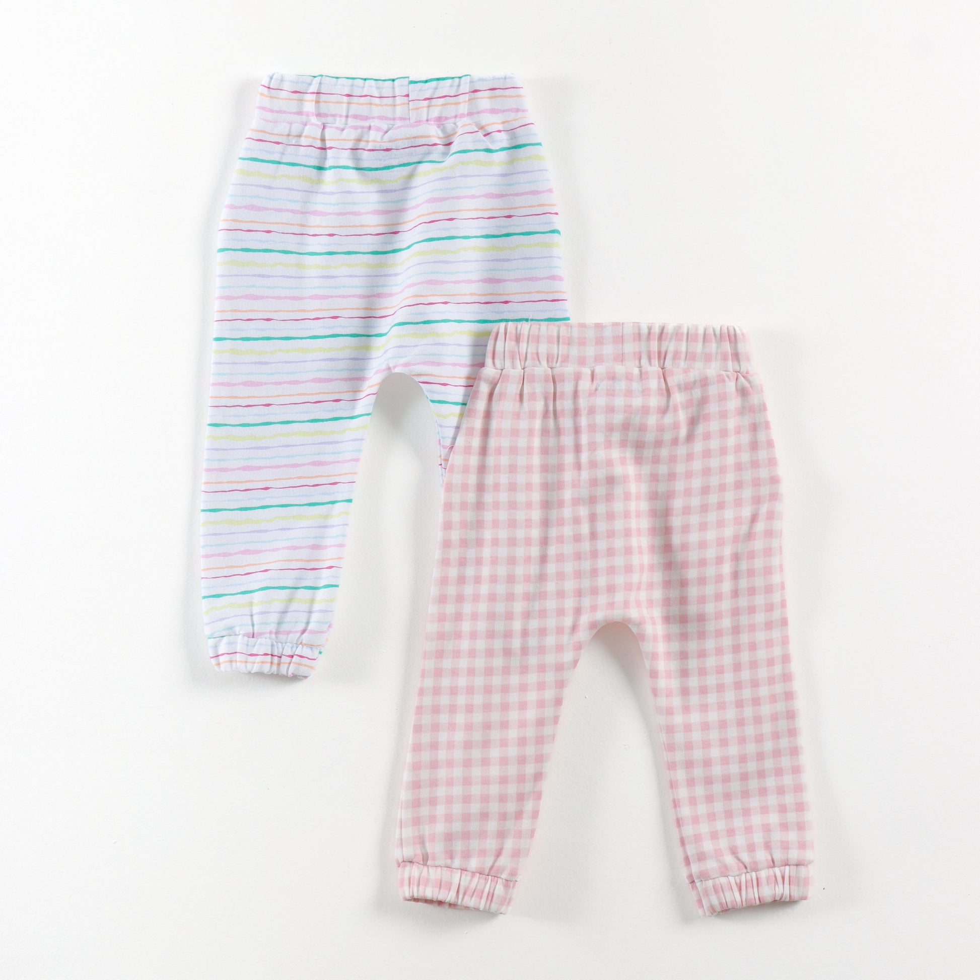 "Baby Girls Soft Cotton Joggers – 2-Pack | Checked & Multicolor Stripe Prints"