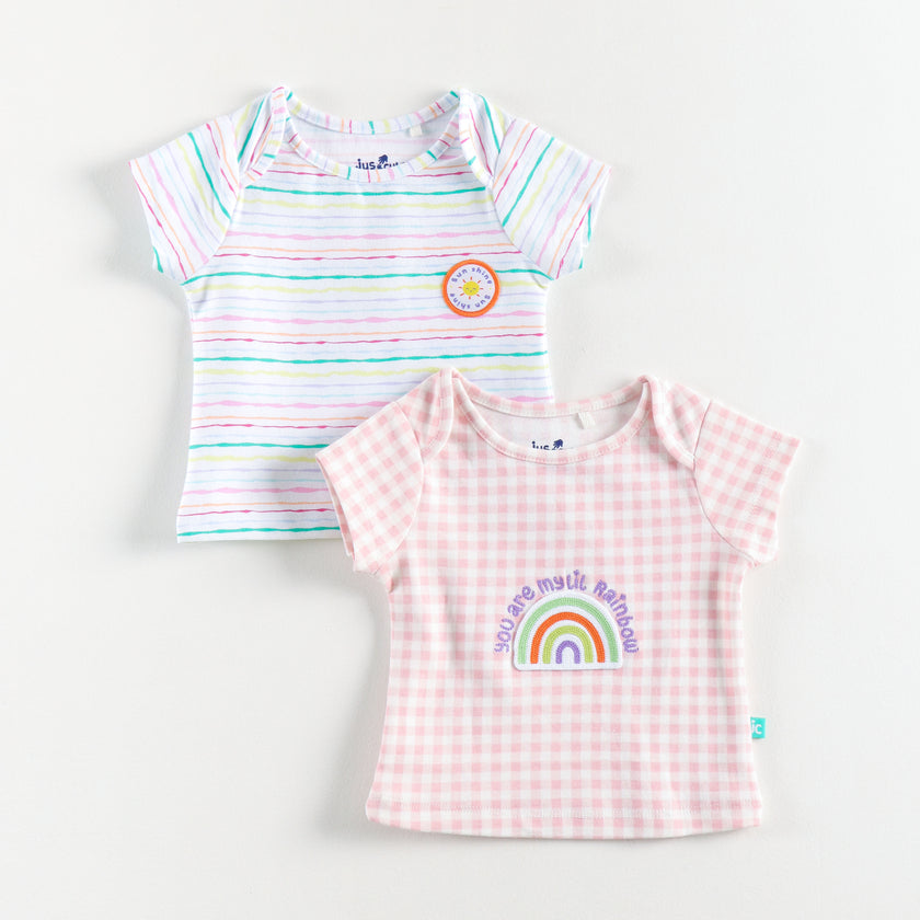 "Baby Girls Soft Cotton Tee Set – 2-Pack | Pink Check Rainbow & Multicolor Stripes"