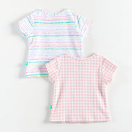 "Baby Girls Soft Cotton Tee Set – 2-Pack | Pink Check Rainbow & Multicolor Stripes"