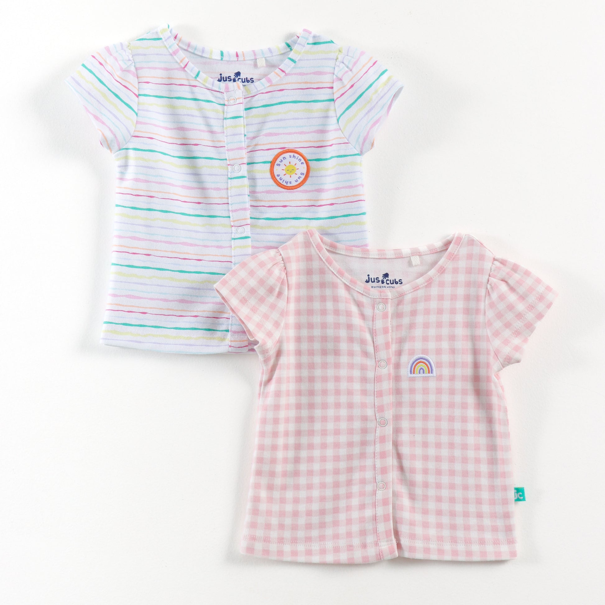 "Baby Girls Soft Cotton Front-Open Jhabla Set – 2-Pack | Stripes & Rainbow Check Design"