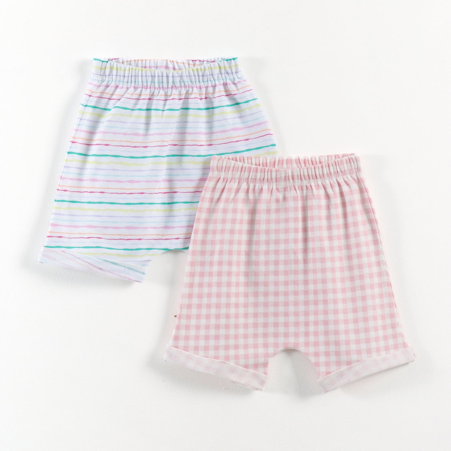 "Baby Girls Soft Cotton Shorts – 2-Pack | Check Print & Multicolor Stripe Pattern"
