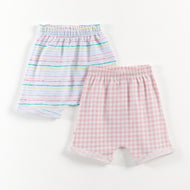 "Baby Girls Soft Cotton Shorts – 2-Pack | Check Print & Multicolor Stripe Pattern"
