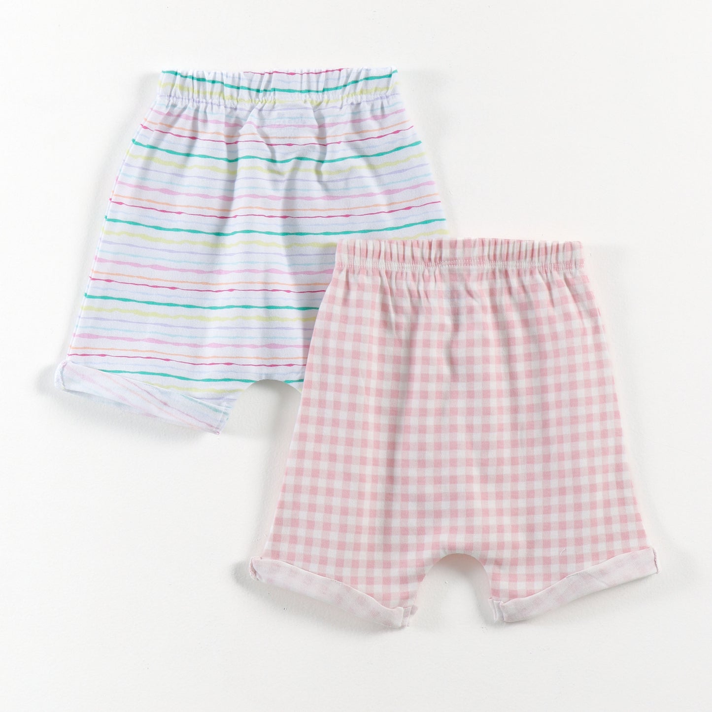 "Baby Girls Soft Cotton Shorts – 2-Pack | Check Print & Multicolor Stripe Pattern"