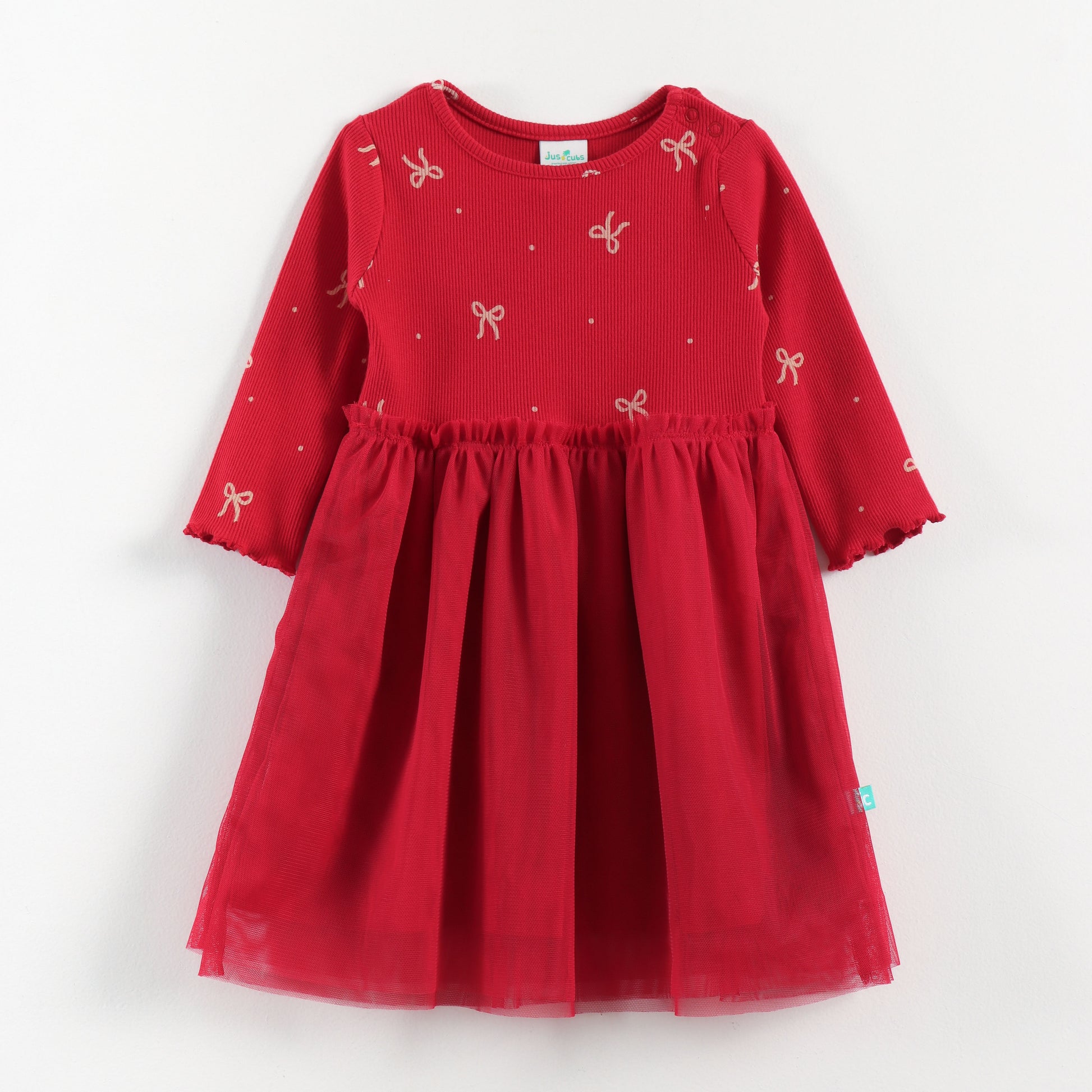 "Baby Girls Red Party Wear Dress | Long Sleeve Embroidered Bodice & Tulle Skirt"