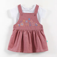 "Baby Girls Corduroy Pinafore Dress & Inner Tee Set | Floral Embroidery"