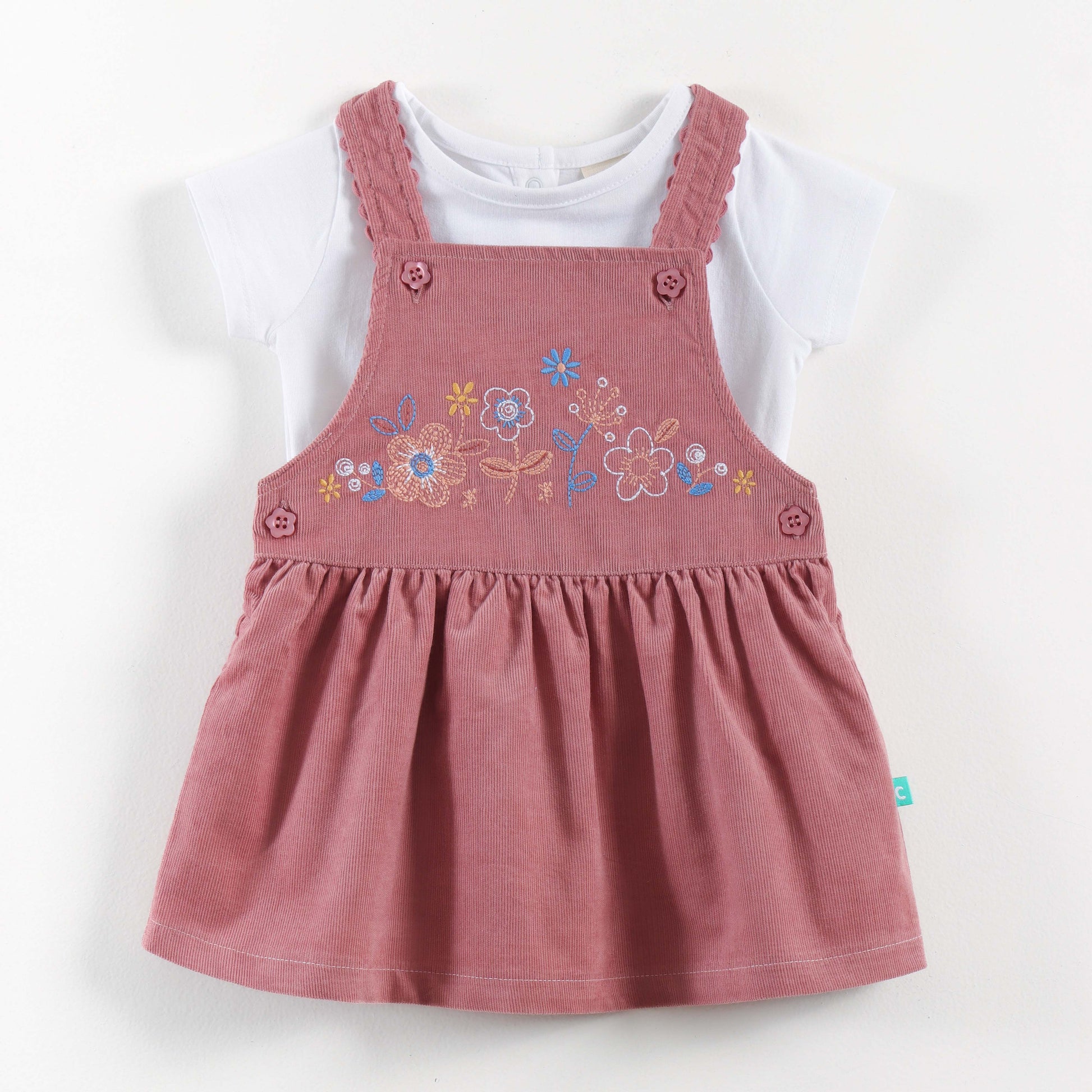 "Baby Girls Corduroy Pinafore Dress & Inner Tee Set | Floral Embroidery"
