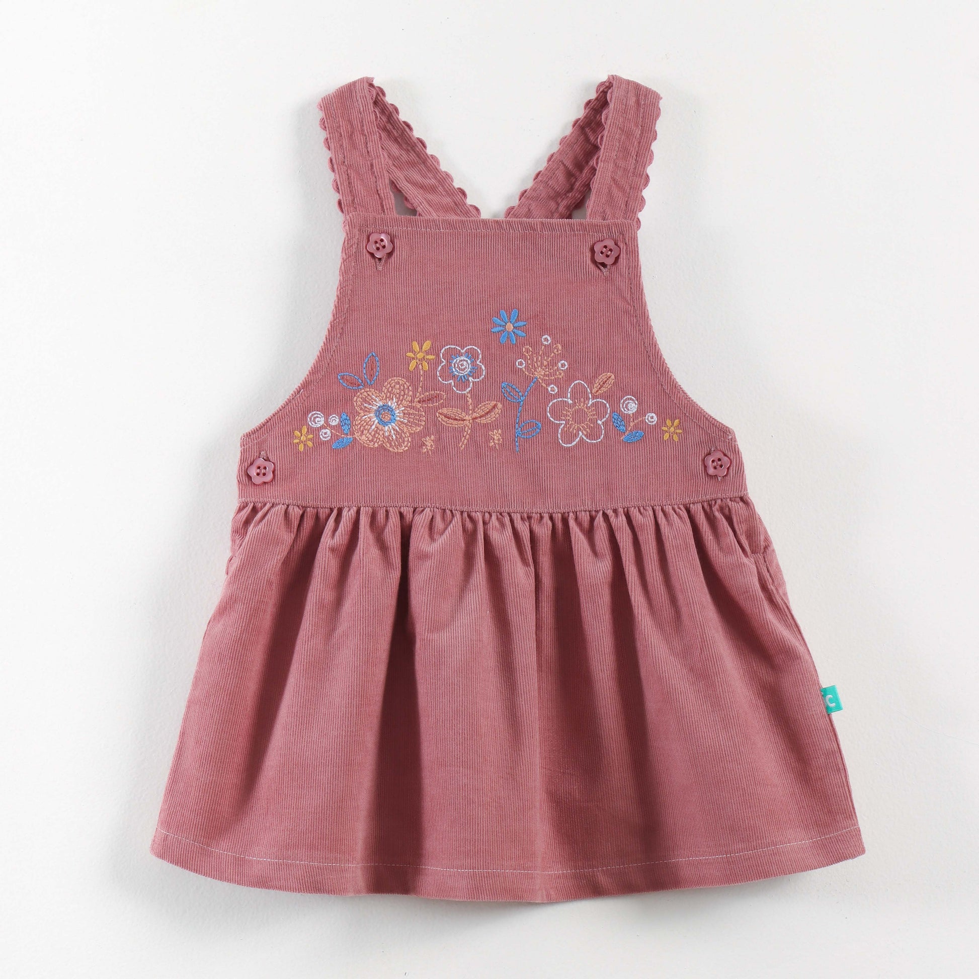 "Baby Girls Corduroy Pinafore Dress & Inner Tee Set | Floral Embroidery"
