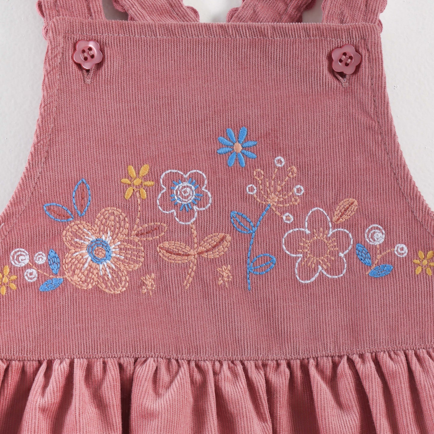 "Baby Girls Corduroy Pinafore Dress & Inner Tee Set | Floral Embroidery"