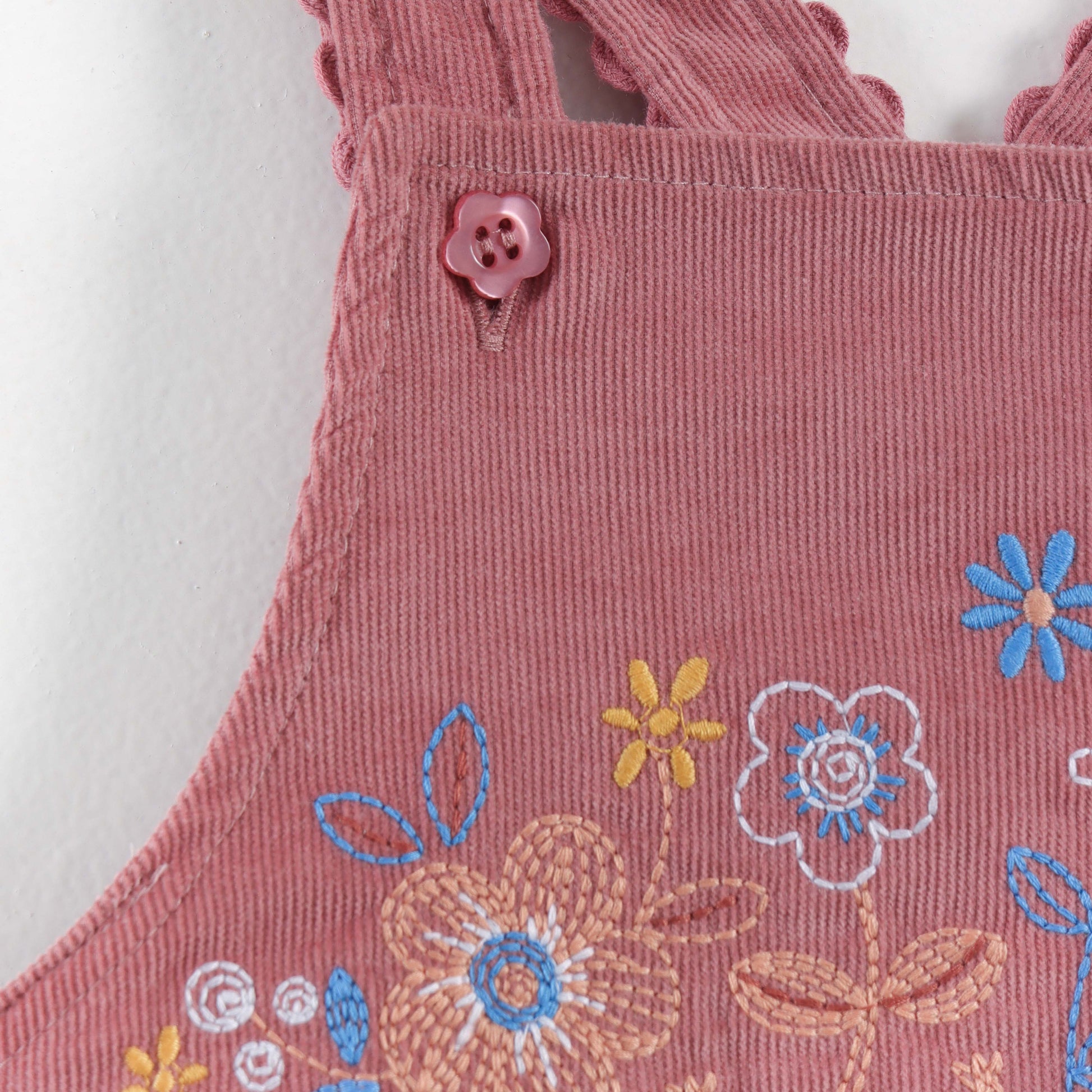 "Baby Girls Corduroy Pinafore Dress & Inner Tee Set | Floral Embroidery"