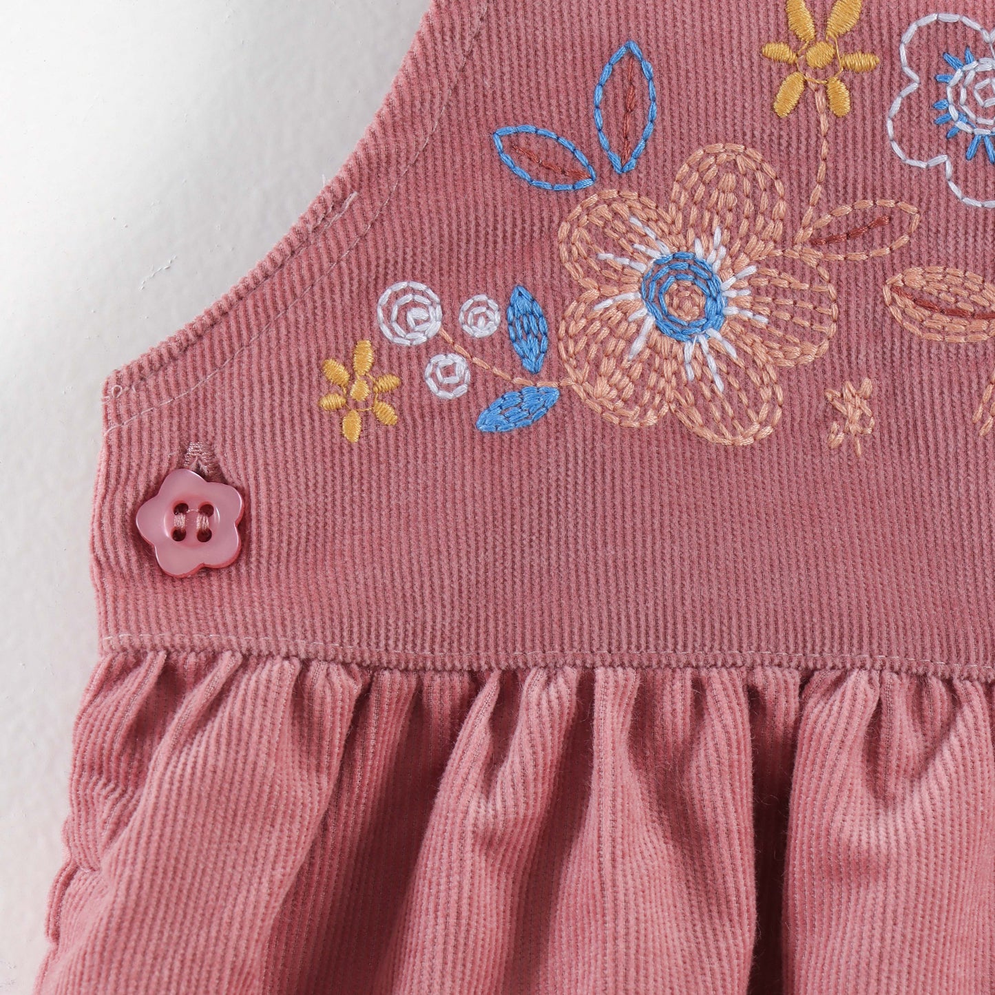 "Baby Girls Corduroy Pinafore Dress & Inner Tee Set | Floral Embroidery"