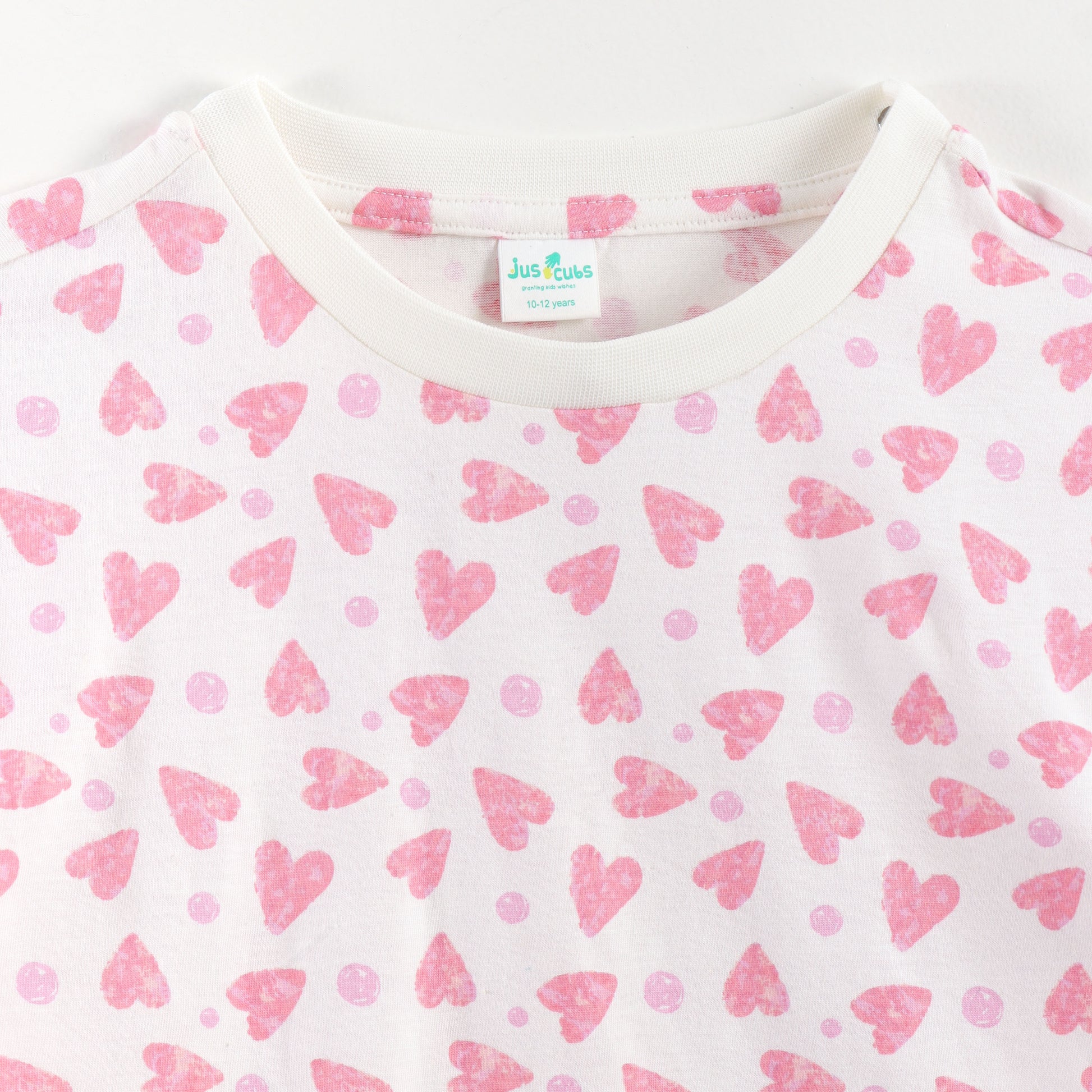 “Girls Soft Cotton Nightwear Set | Pink Heart Printed Half Sleeves T-Shirt & Pajamas"
