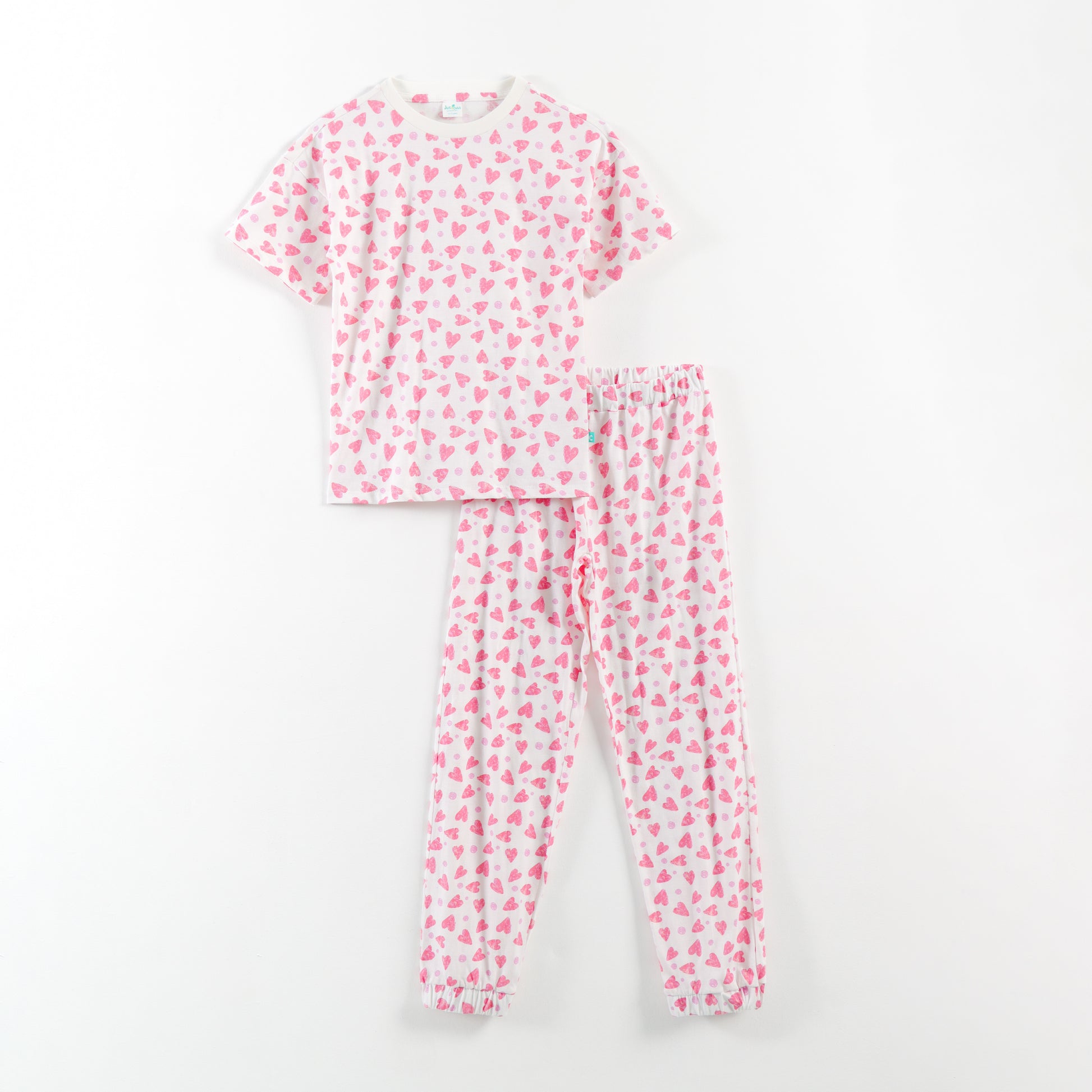 “Girls Soft Cotton Nightwear Set | Pink Heart Printed Half Sleeves T-Shirt & Pajamas"