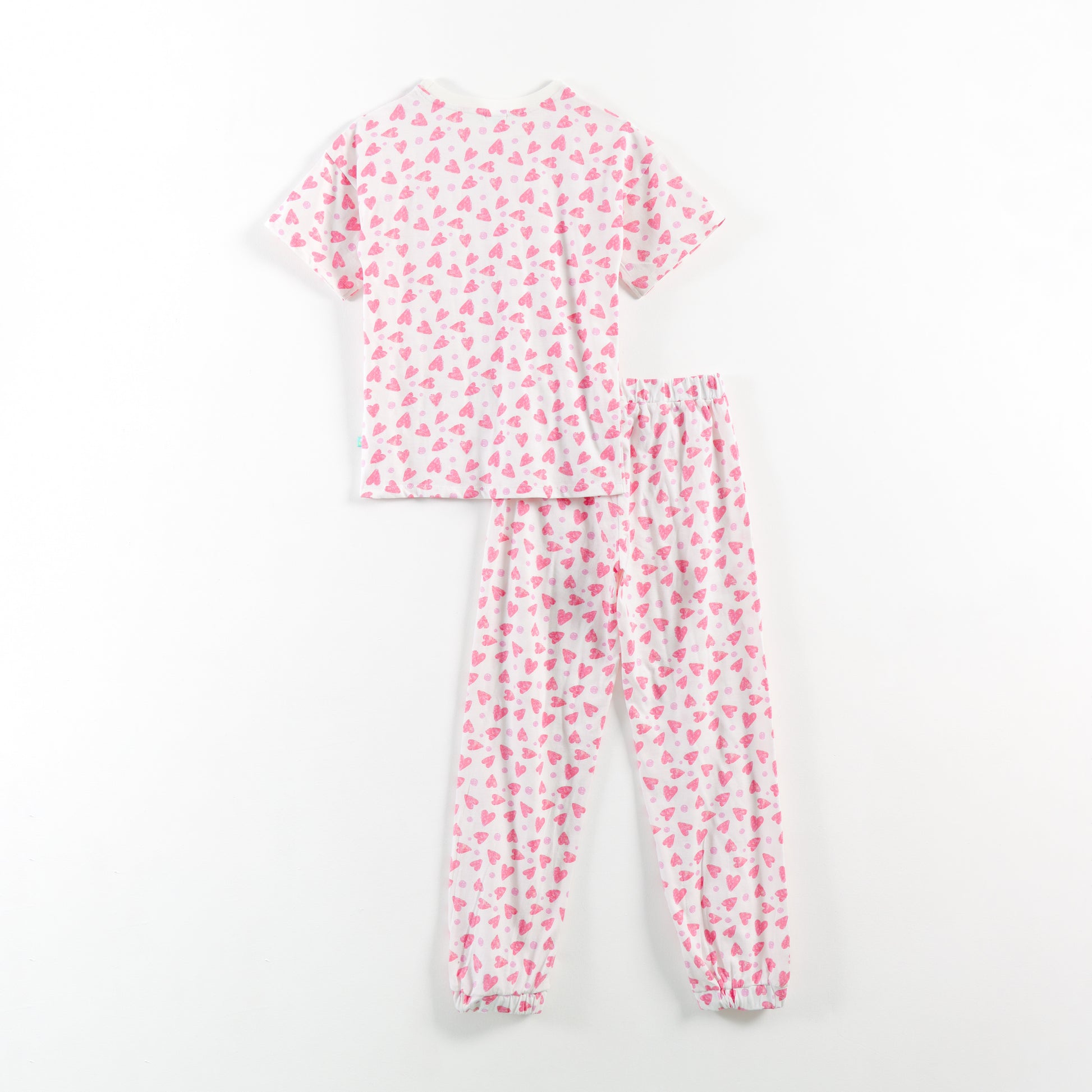 “Girls Soft Cotton Nightwear Set | Pink Heart Printed Half Sleeves T-Shirt & Pajamas"