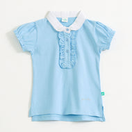 "Girls Sky Blue Collar Neck Top with Ruffle Detail & Front Frill"