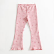 "Girls Pink Ribbed Bell Bottom Leggings with Butterfly Print"