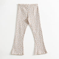 "Girls Off White Ribbed Bell Bottom Leggings with Floral Print"
