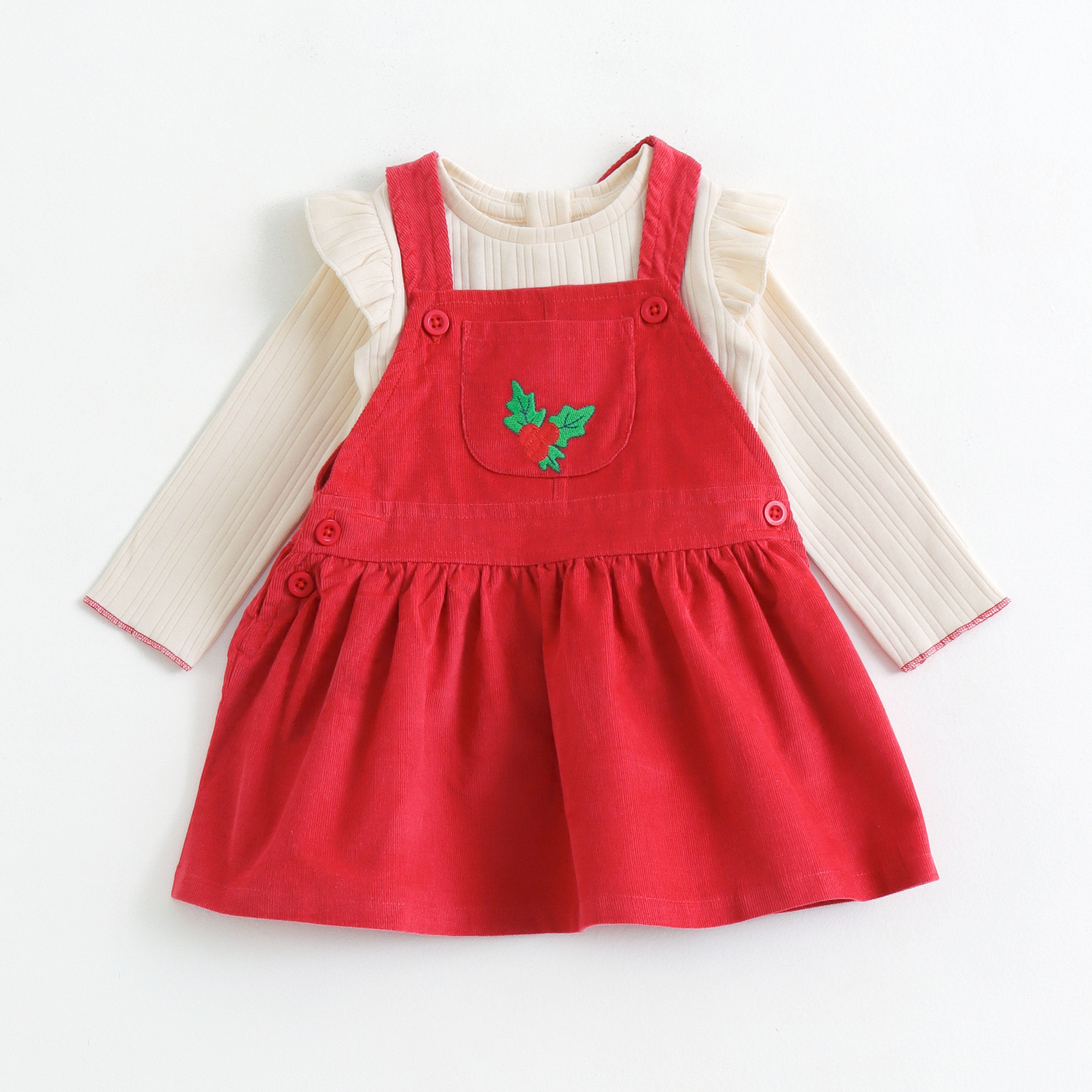 Baby Girls Red Pinafore Dress Set with Full Sleeve Cream Inner T-shir   Juscubs
