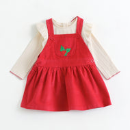 "Baby Girls Red Pinafore Dress Set with Full Sleeve Cream Inner T-shirt"