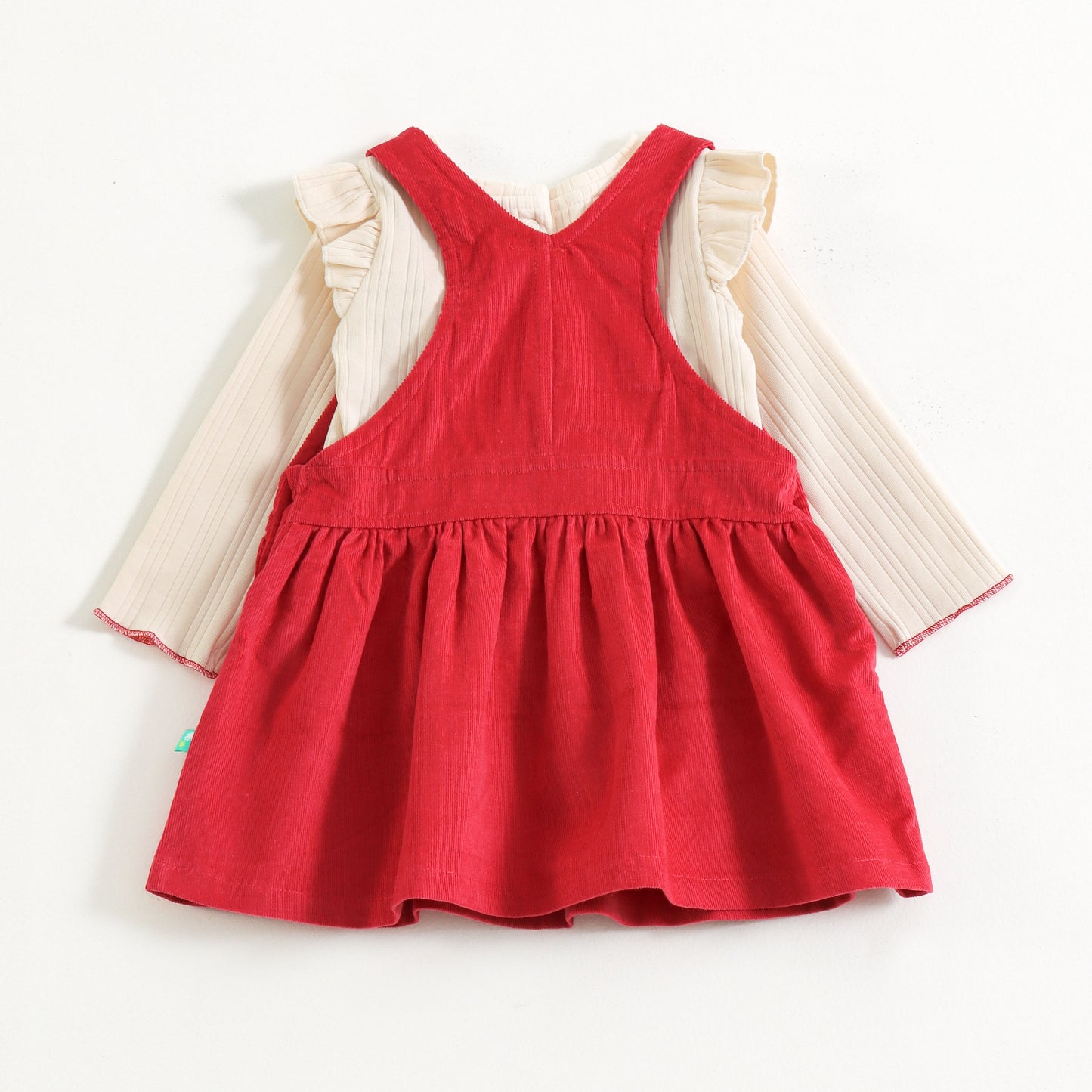 "Baby Girls Red Pinafore Dress Set with Full Sleeve Cream Inner T-shirt"