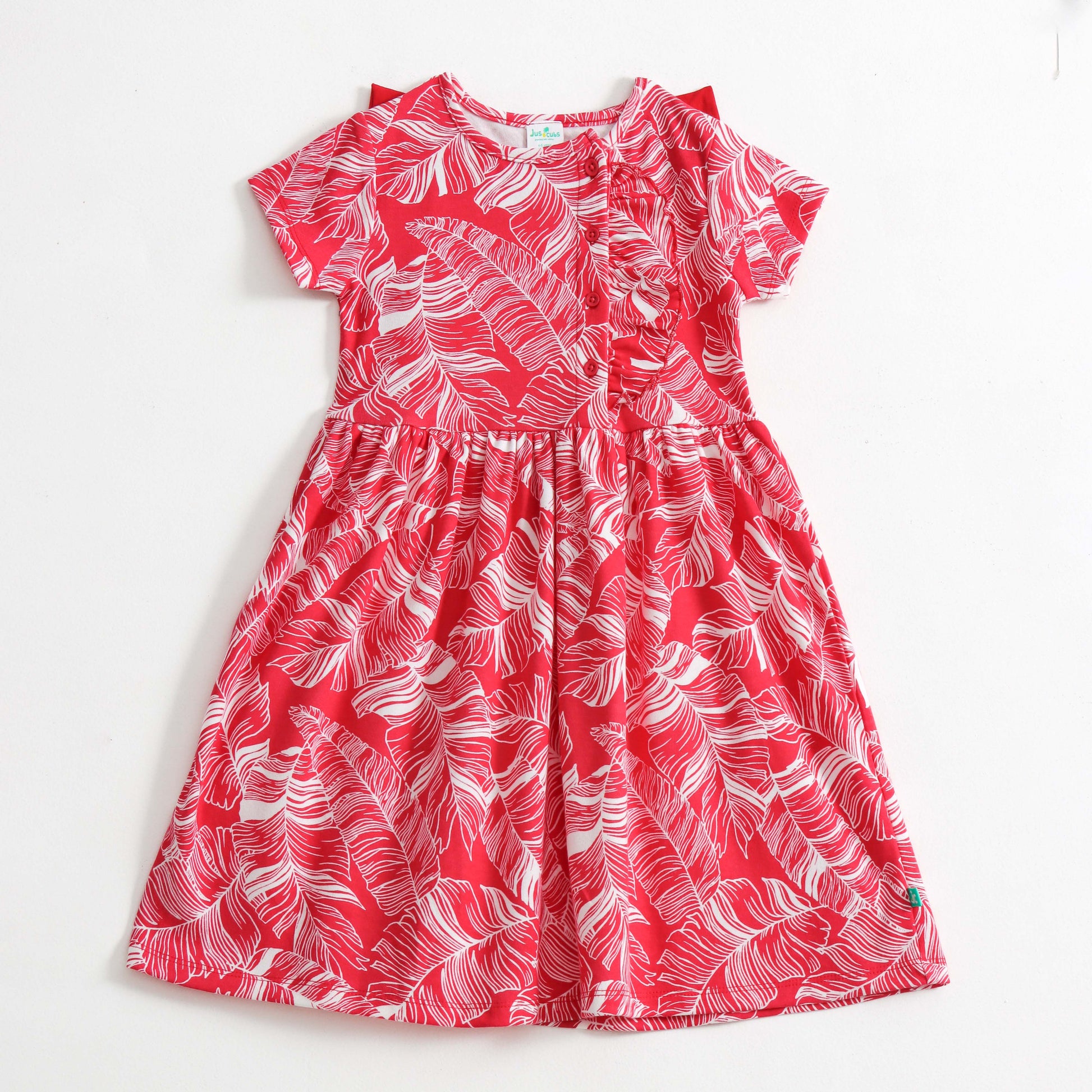 "Girls Red Leaf Print Dress with Button & Frill Detail – Short Sleeves"