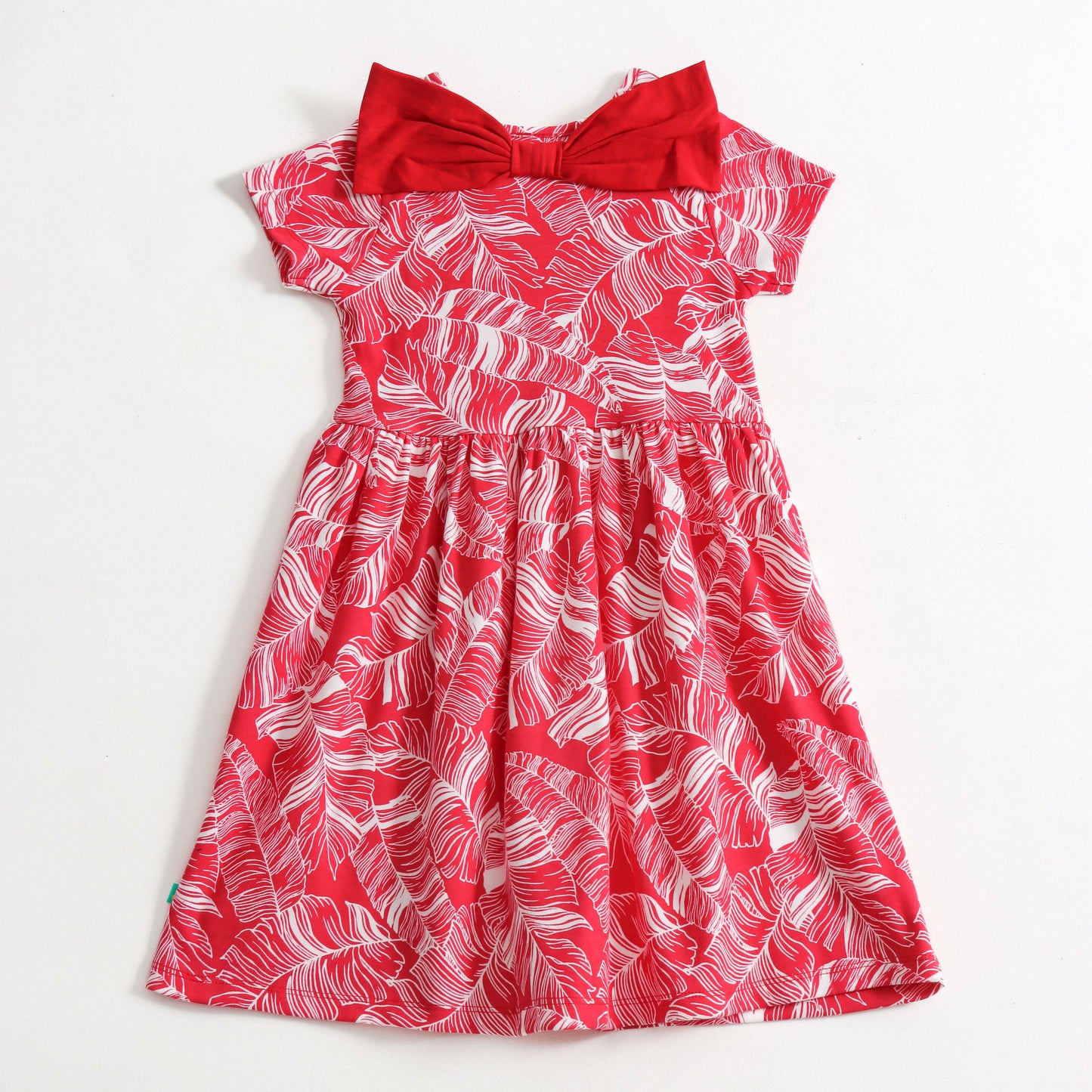 "Girls Red Leaf Print Dress with Button & Frill Detail – Short Sleeves"