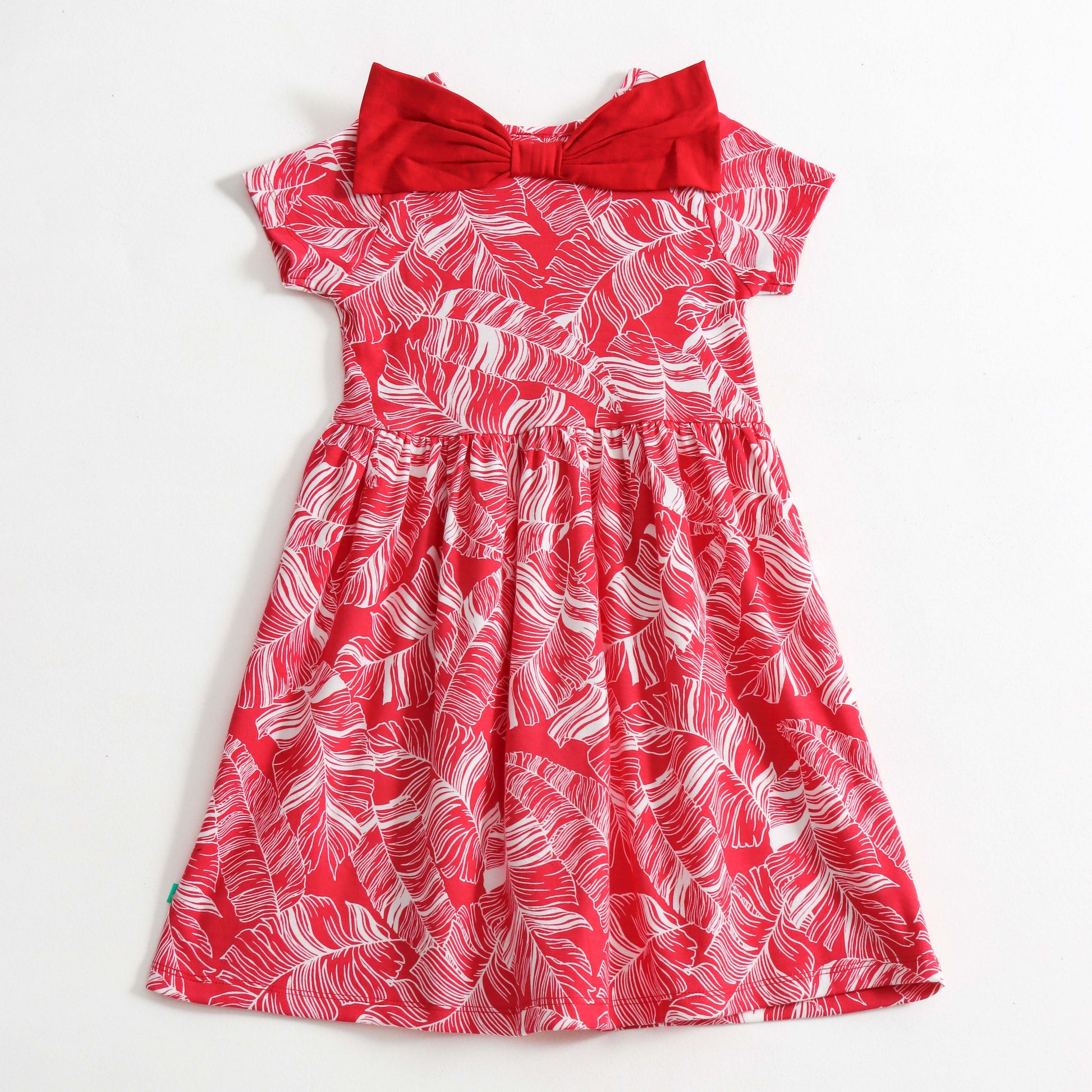 "Girls Red Leaf Print Dress with Button & Frill Detail – Short Sleeves"