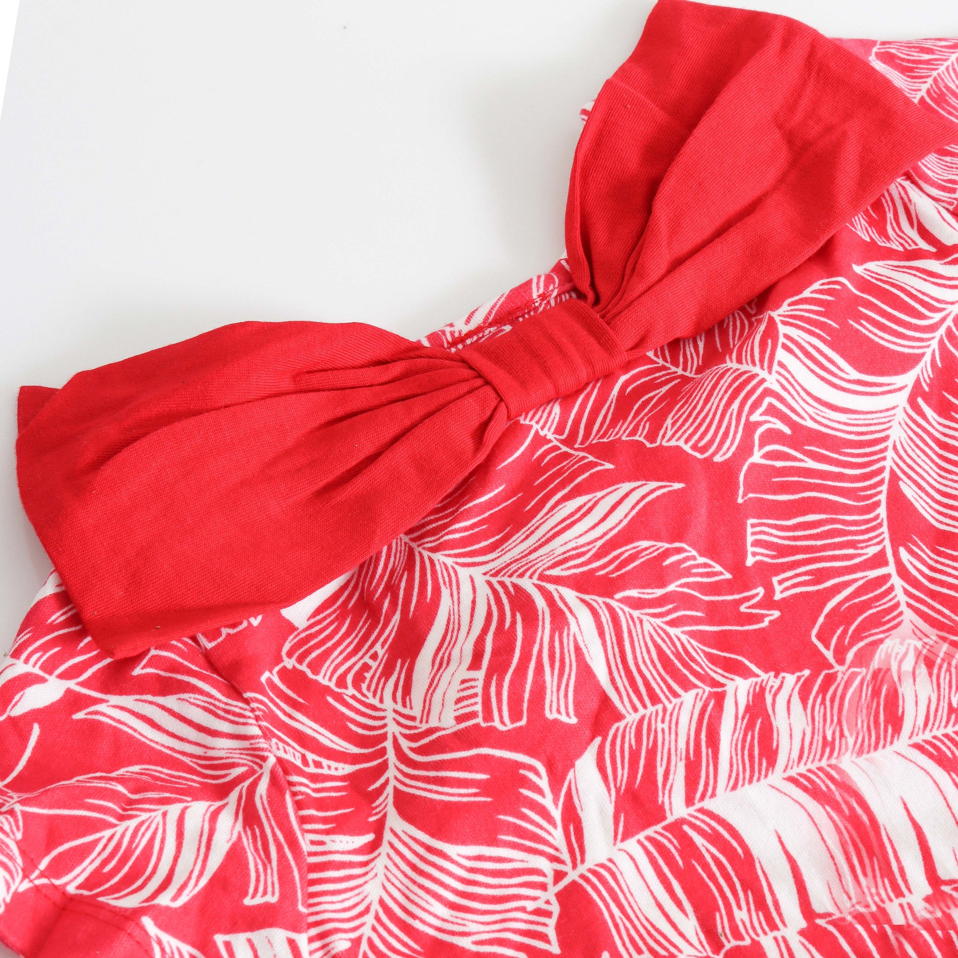 "Girls Red Leaf Print Dress with Button & Frill Detail – Short Sleeves"