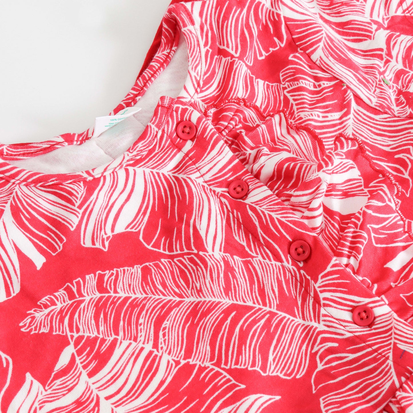 "Girls Red Leaf Print Dress with Button & Frill Detail – Short Sleeves"