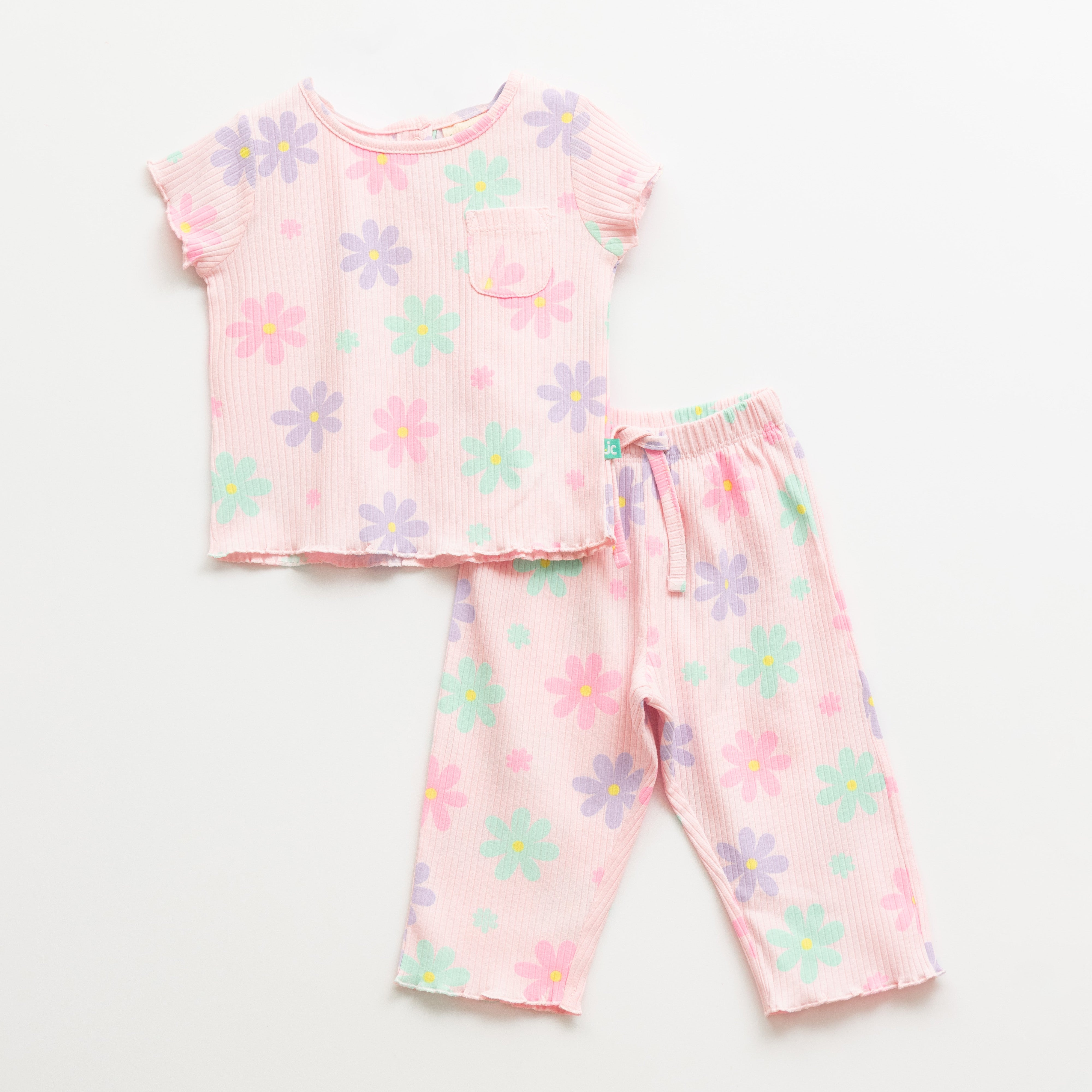 "Girls Pink Floral Print Nightwear Set – Soft Ribbed Cotton Top & Pajama"