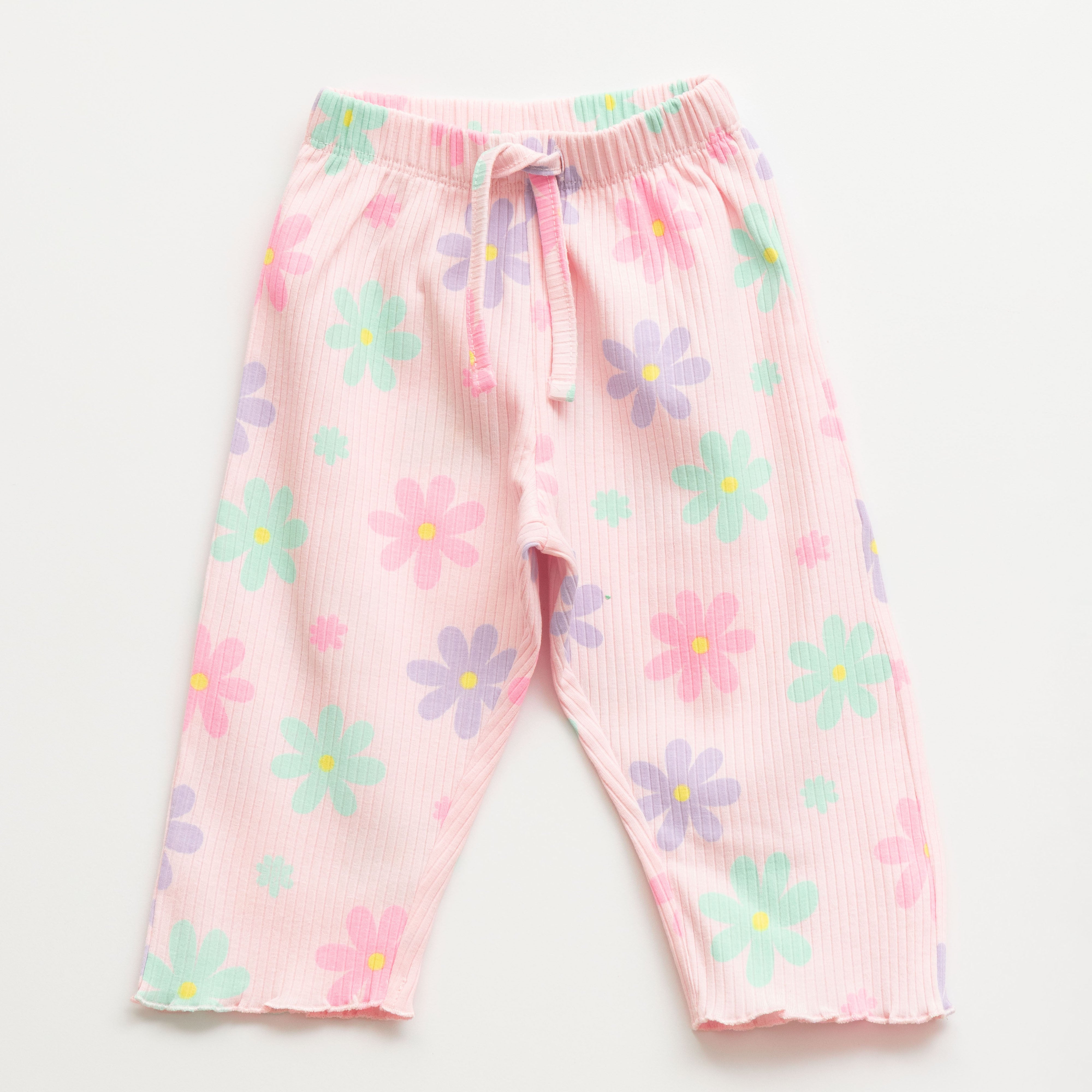 "Girls Pink Floral Print Nightwear Set – Soft Ribbed Cotton Top & Pajama"