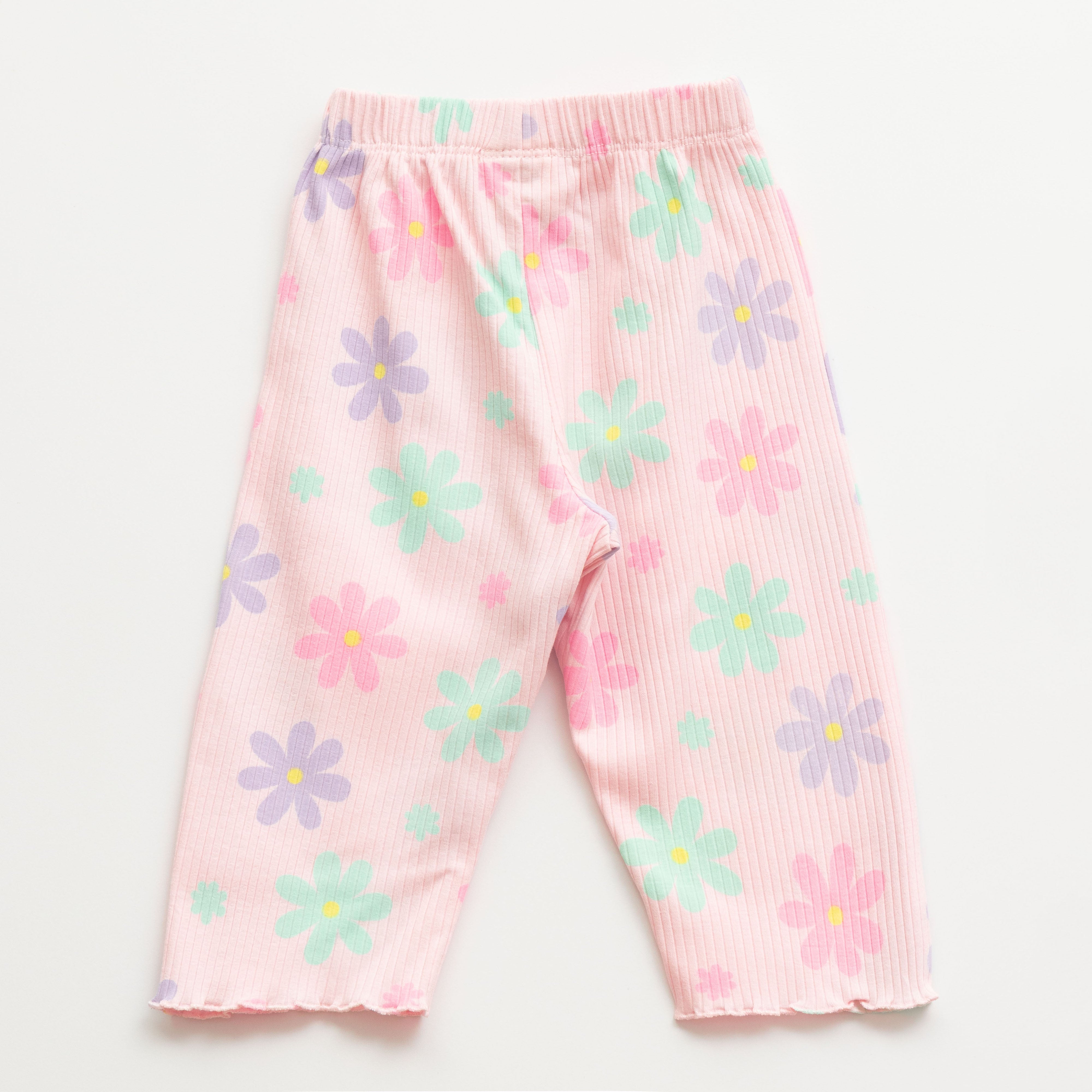 "Girls Pink Floral Print Nightwear Set – Soft Ribbed Cotton Top & Pajama"