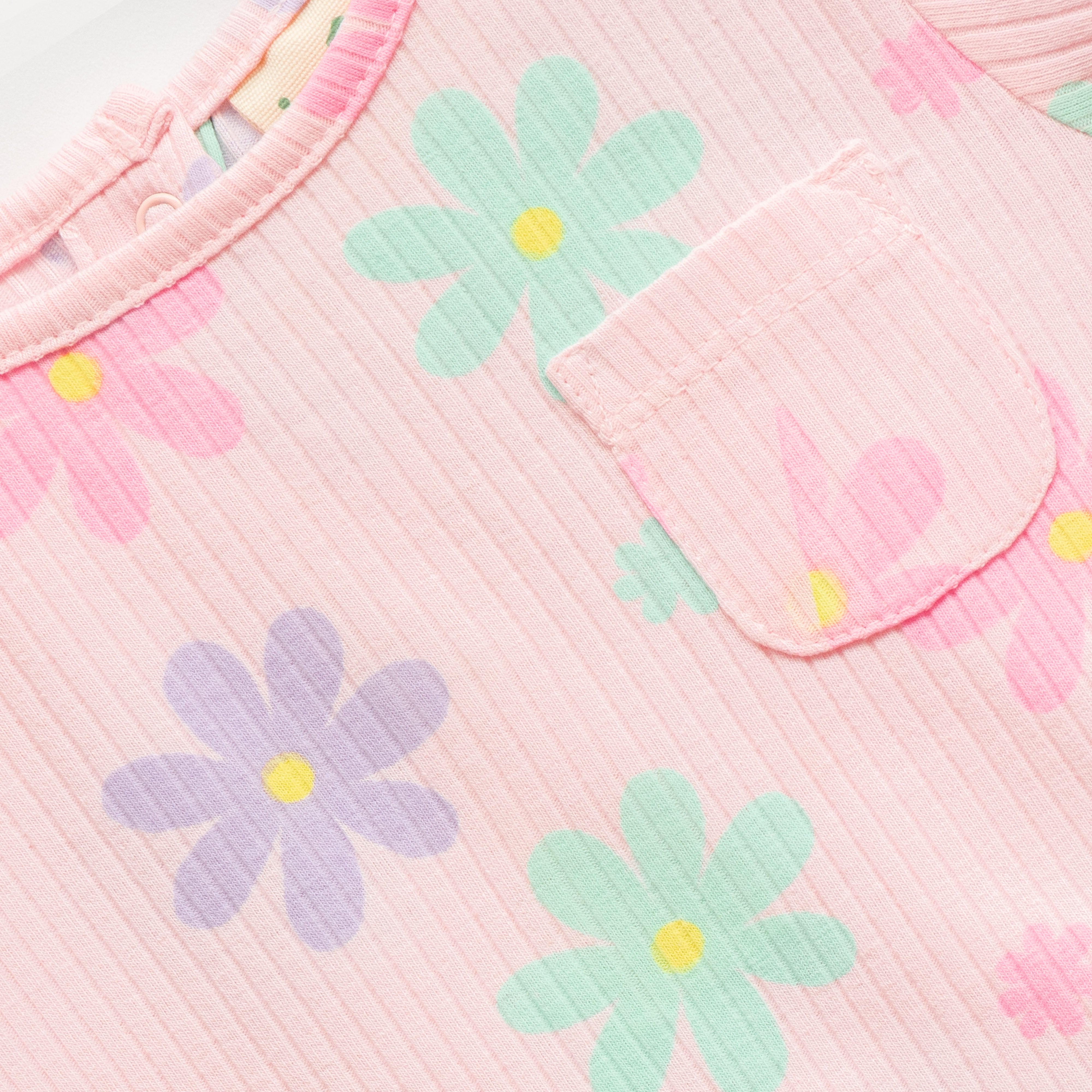 "Girls Pink Floral Print Nightwear Set – Soft Ribbed Cotton Top & Pajama"