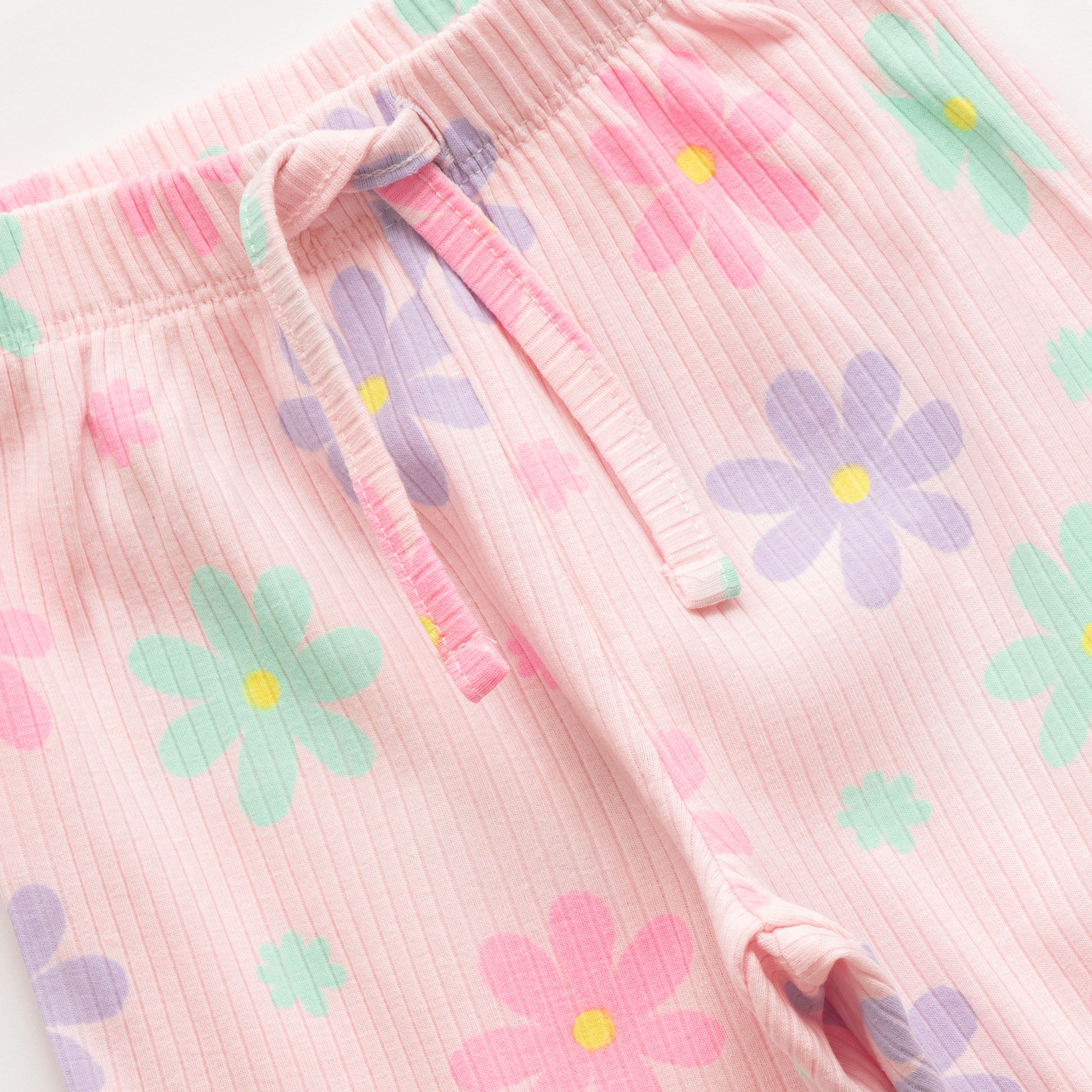 "Girls Pink Floral Print Nightwear Set – Soft Ribbed Cotton Top & Pajama"