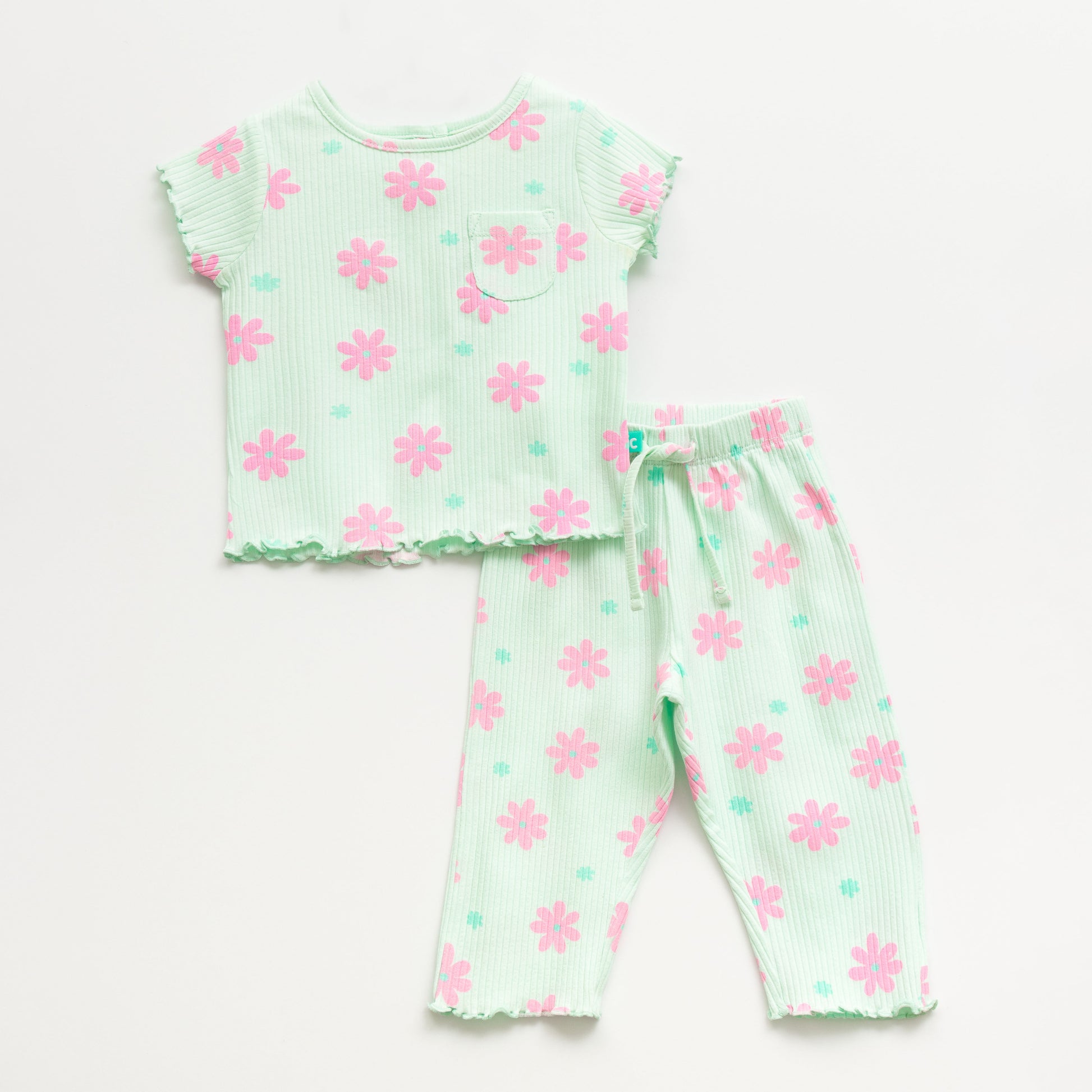 "Girls Mint Green Floral Nightwear Set – Ribbed Cotton Top & Pajama with Ruffle Trim"