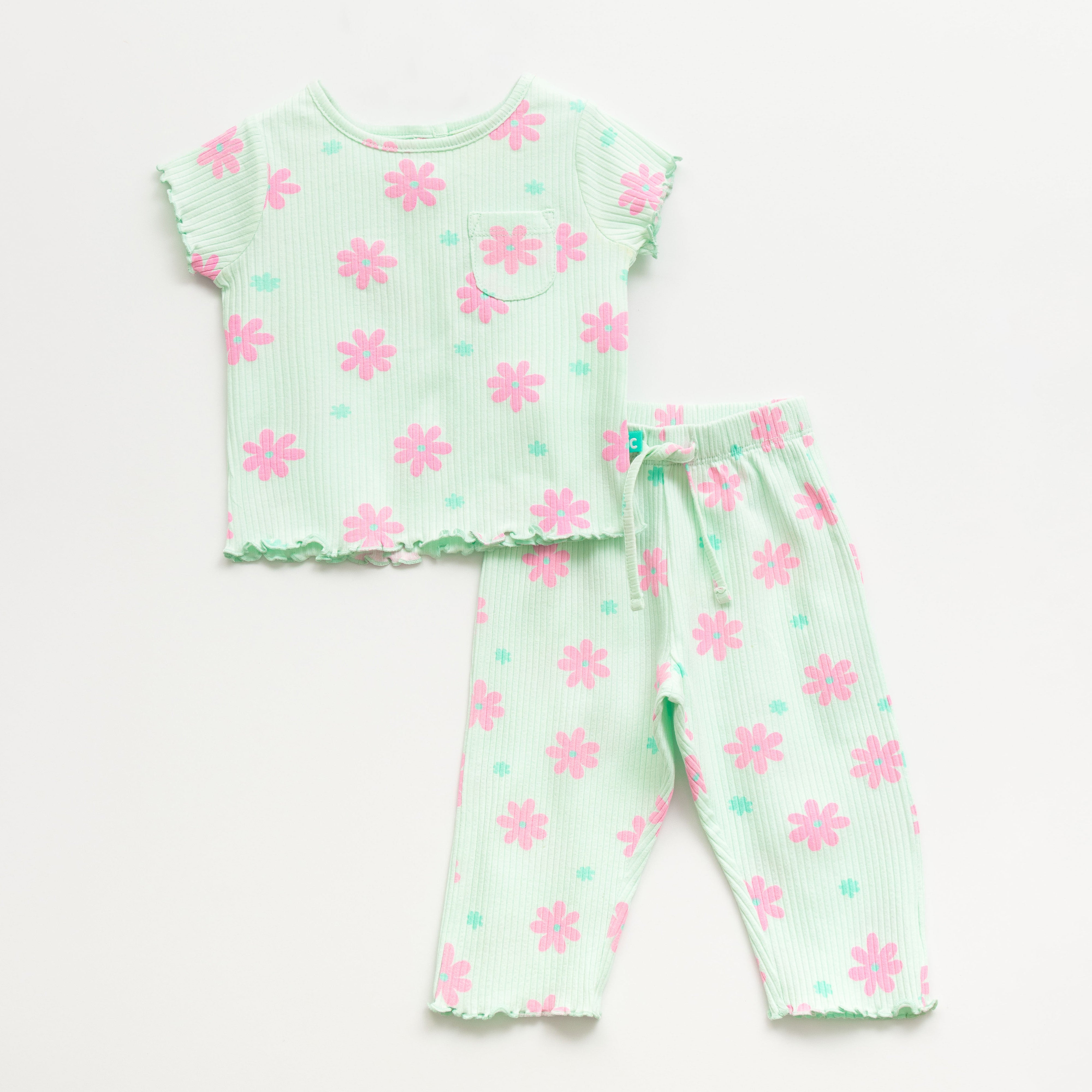 "Girls Mint Green Floral Nightwear Set – Ribbed Cotton Top & Pajama with Ruffle Trim"