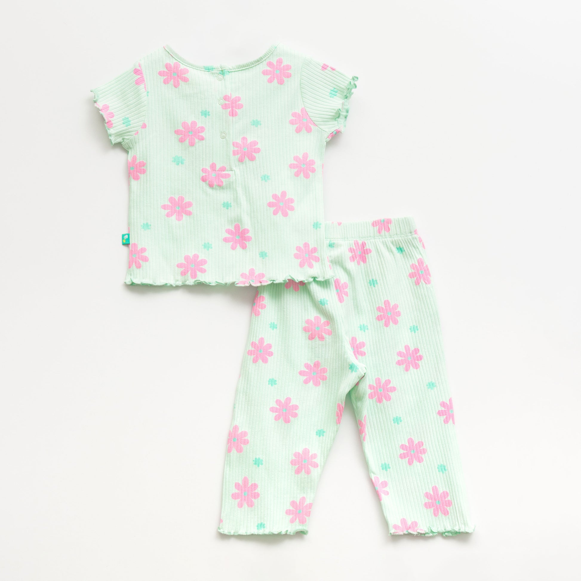 "Girls Mint Green Floral Nightwear Set – Ribbed Cotton Top & Pajama with Ruffle Trim"