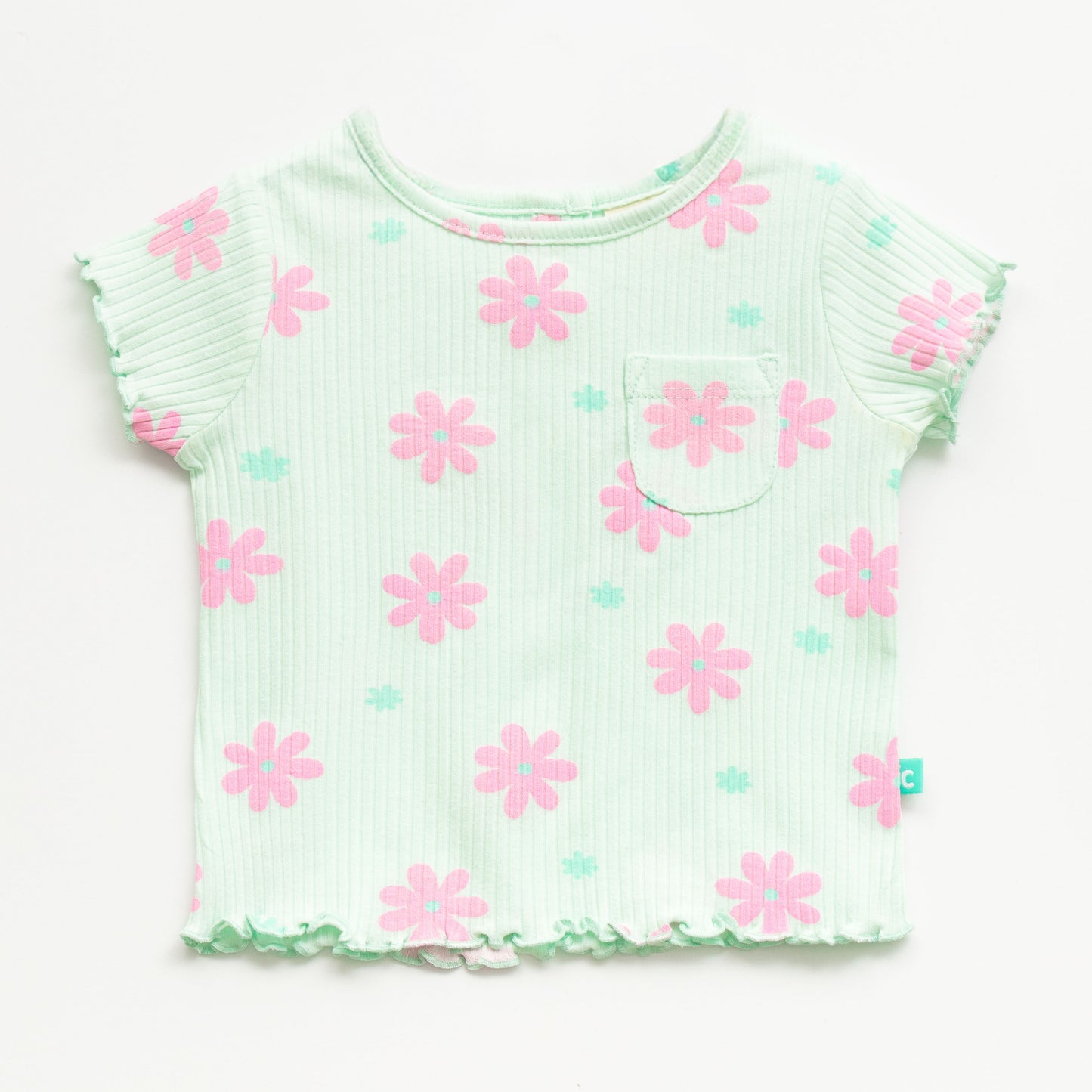 "Girls Mint Green Floral Nightwear Set – Ribbed Cotton Top & Pajama with Ruffle Trim"