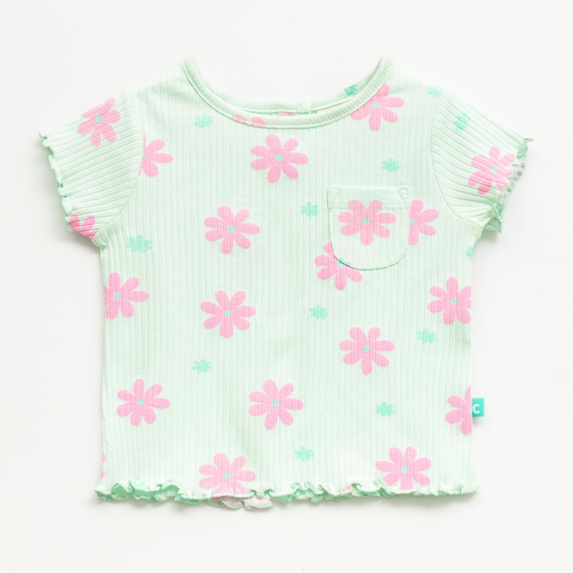 "Girls Mint Green Floral Nightwear Set – Ribbed Cotton Top & Pajama with Ruffle Trim"
