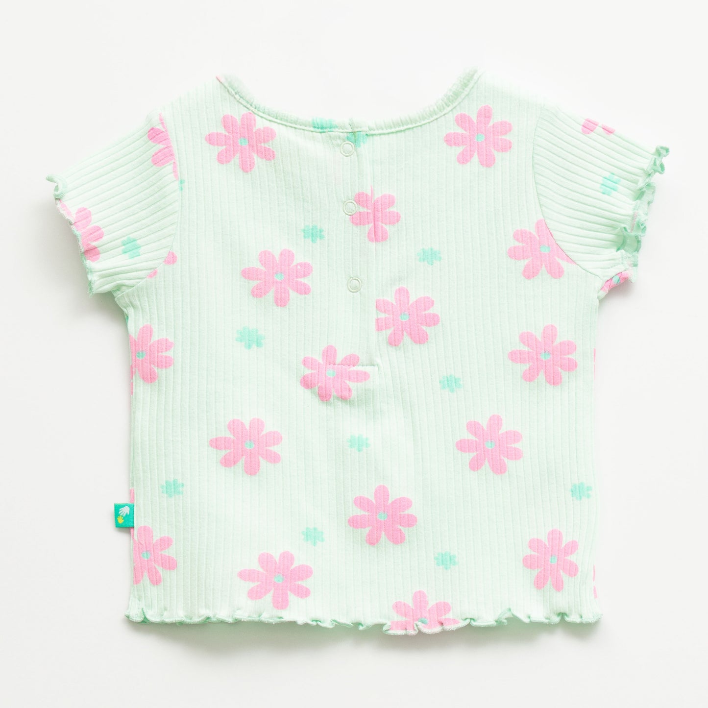 "Girls Mint Green Floral Nightwear Set – Ribbed Cotton Top & Pajama with Ruffle Trim"