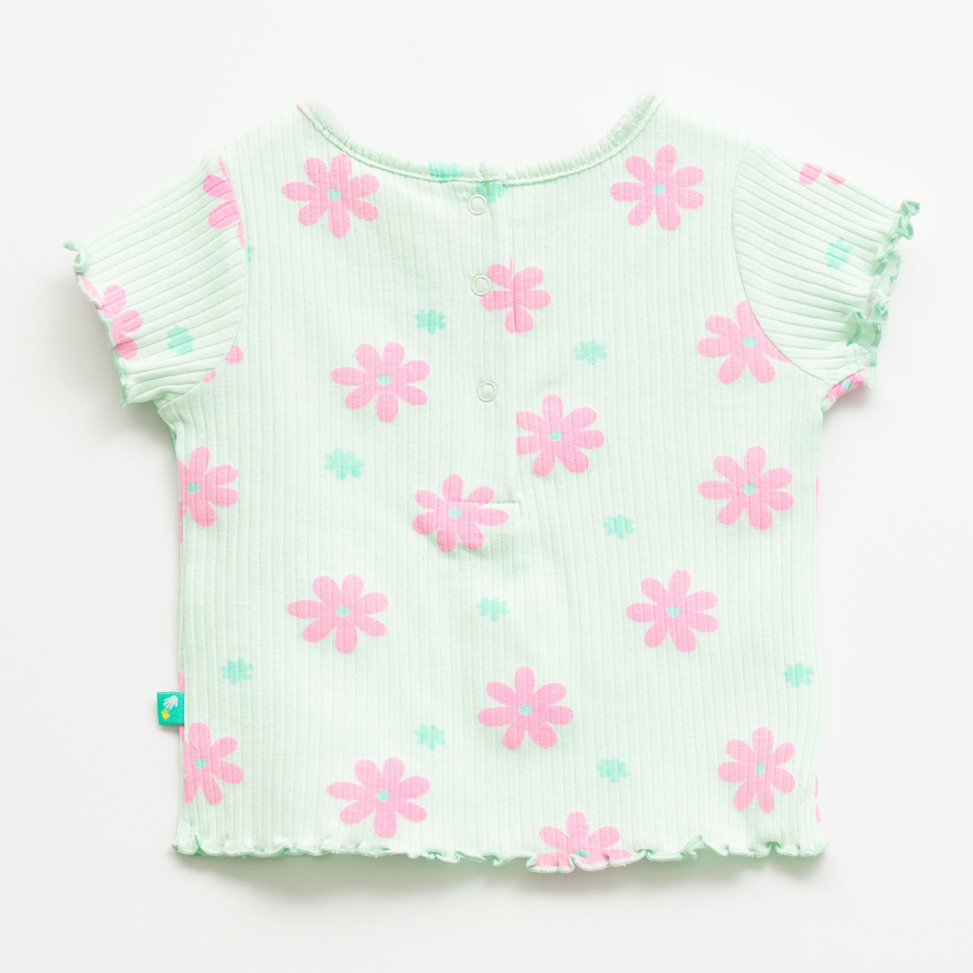 "Girls Mint Green Floral Nightwear Set – Ribbed Cotton Top & Pajama with Ruffle Trim"