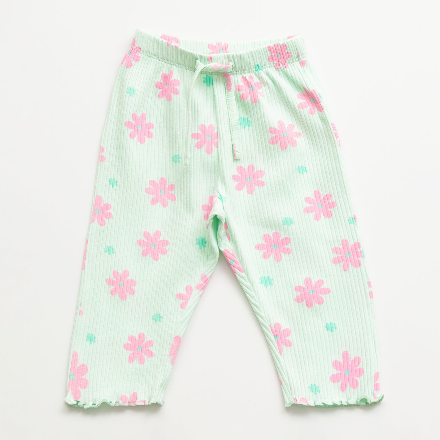 "Girls Mint Green Floral Nightwear Set – Ribbed Cotton Top & Pajama with Ruffle Trim"