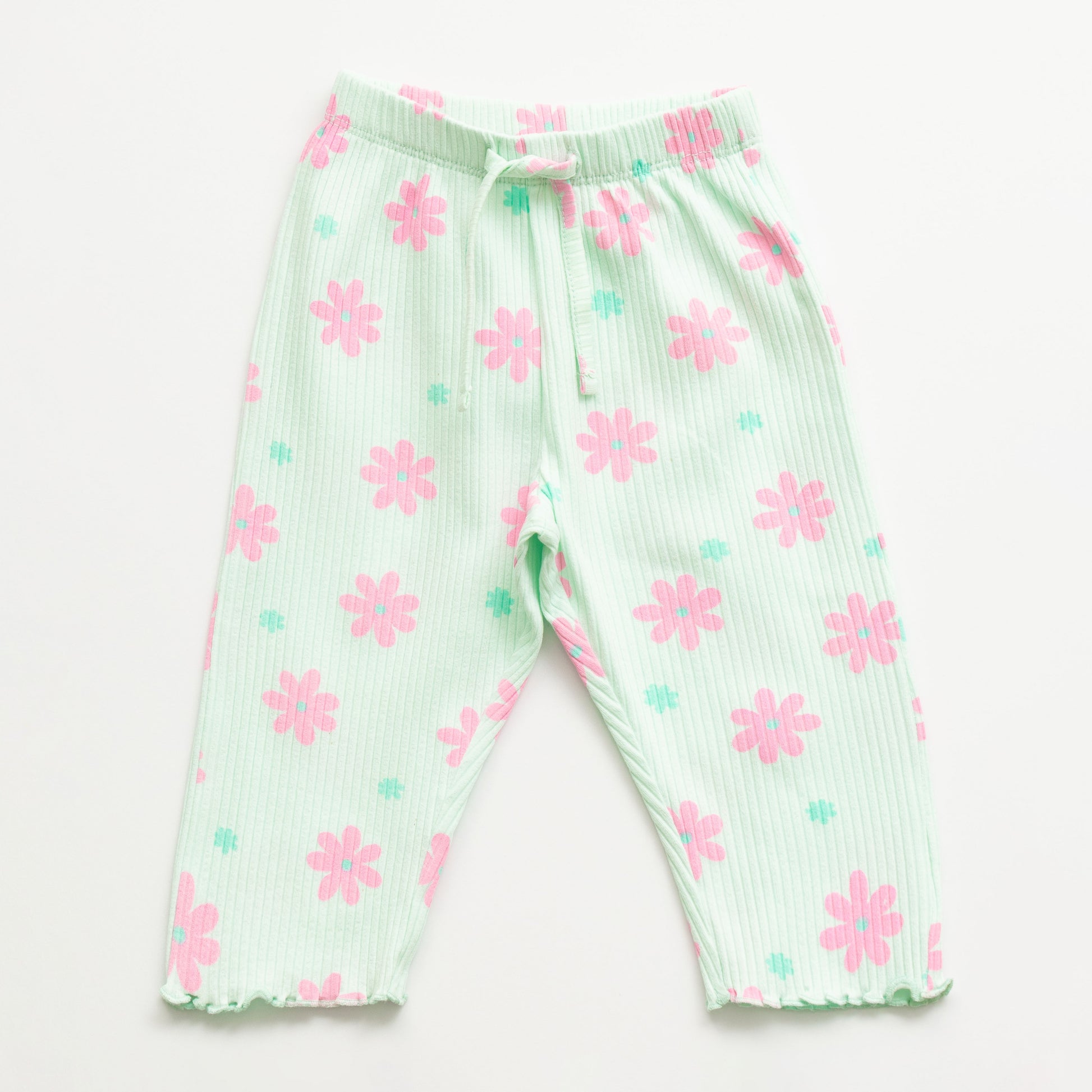 "Girls Mint Green Floral Nightwear Set – Ribbed Cotton Top & Pajama with Ruffle Trim"