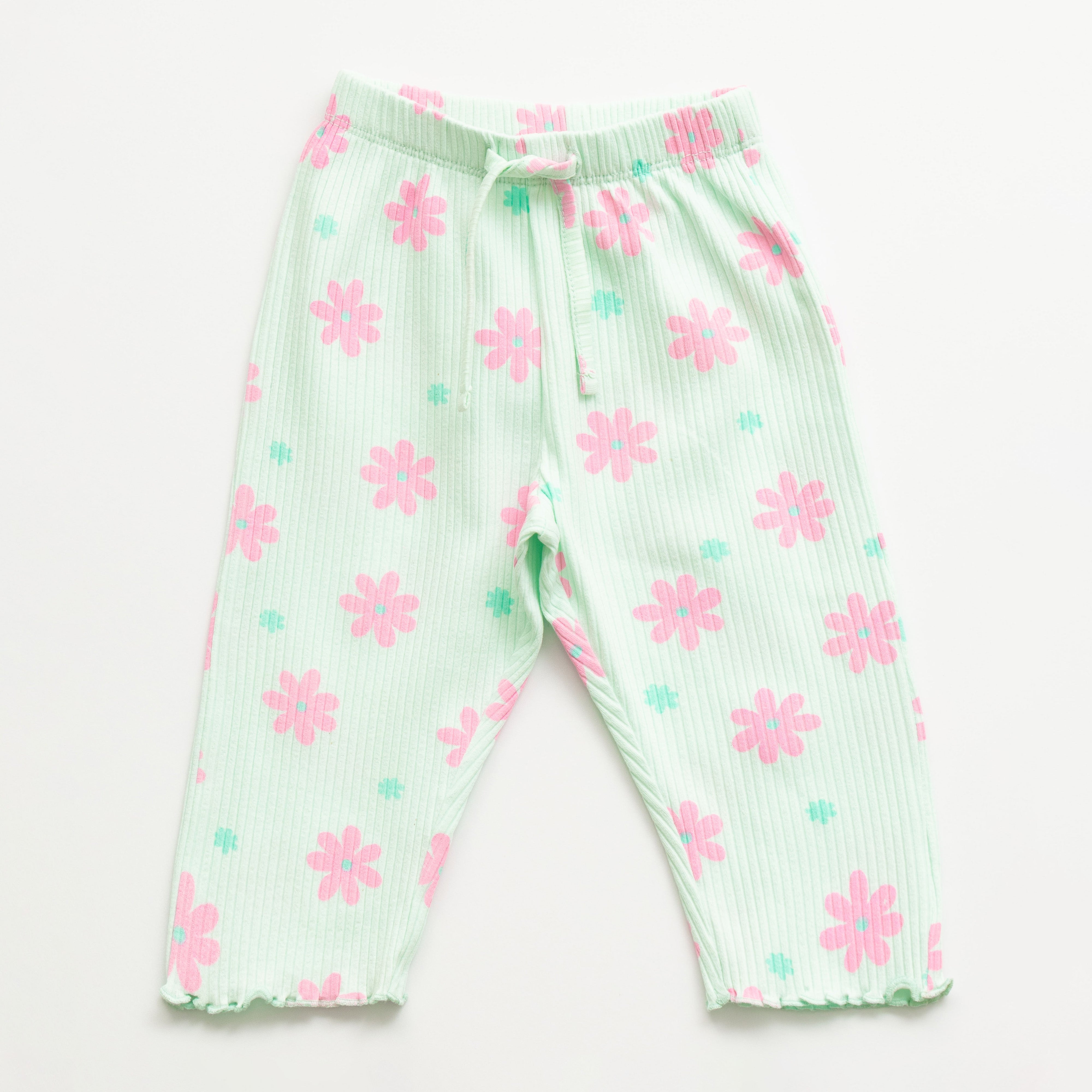 "Girls Mint Green Floral Nightwear Set – Ribbed Cotton Top & Pajama with Ruffle Trim"