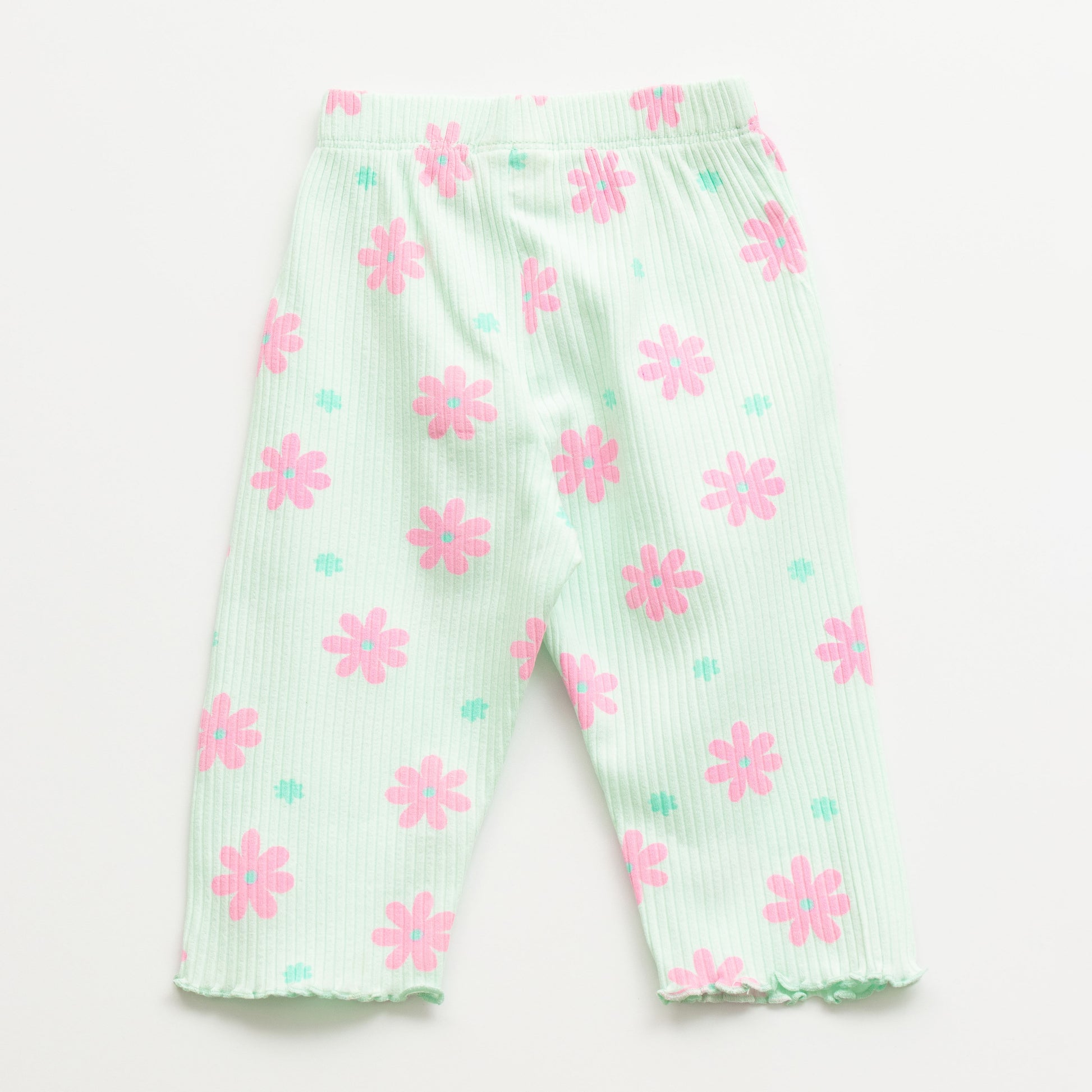"Girls Mint Green Floral Nightwear Set – Ribbed Cotton Top & Pajama with Ruffle Trim"