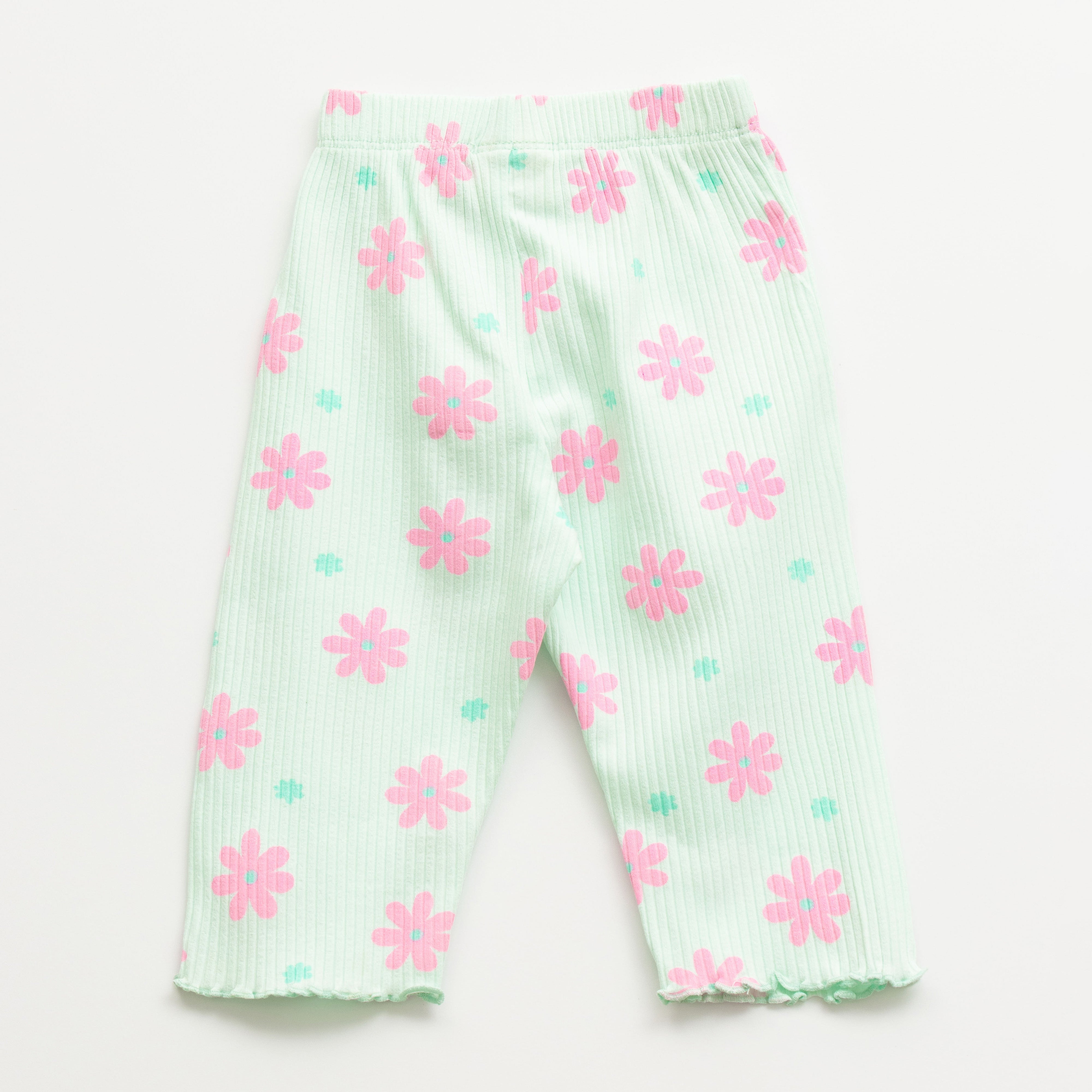 "Girls Mint Green Floral Nightwear Set – Ribbed Cotton Top & Pajama with Ruffle Trim"
