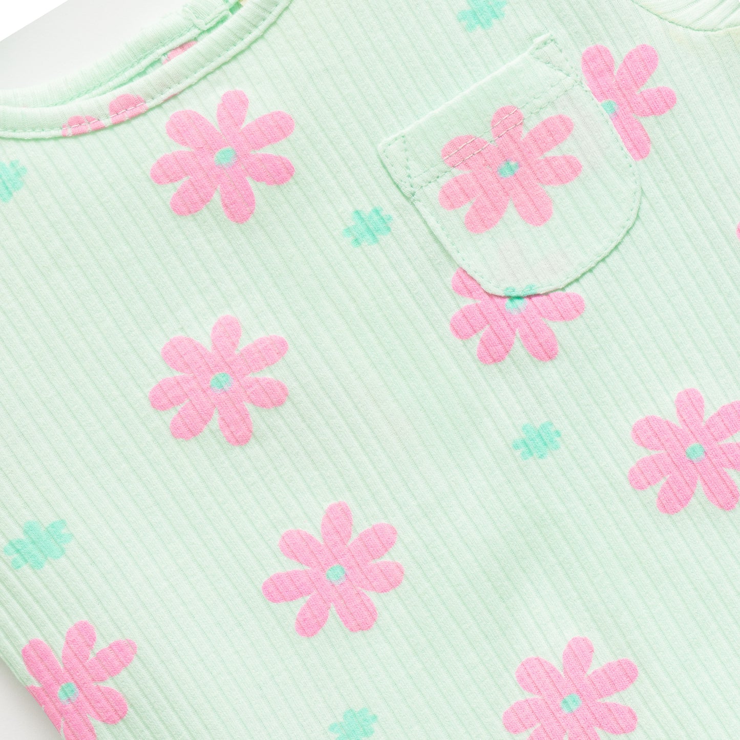 "Girls Mint Green Floral Nightwear Set – Ribbed Cotton Top & Pajama with Ruffle Trim"