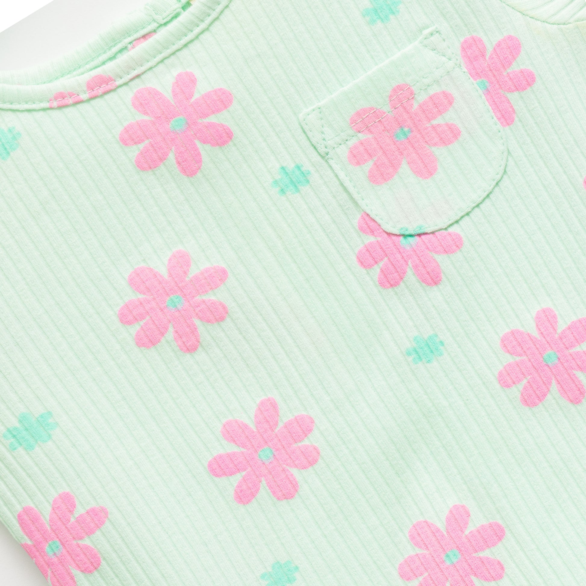 "Girls Mint Green Floral Nightwear Set – Ribbed Cotton Top & Pajama with Ruffle Trim"